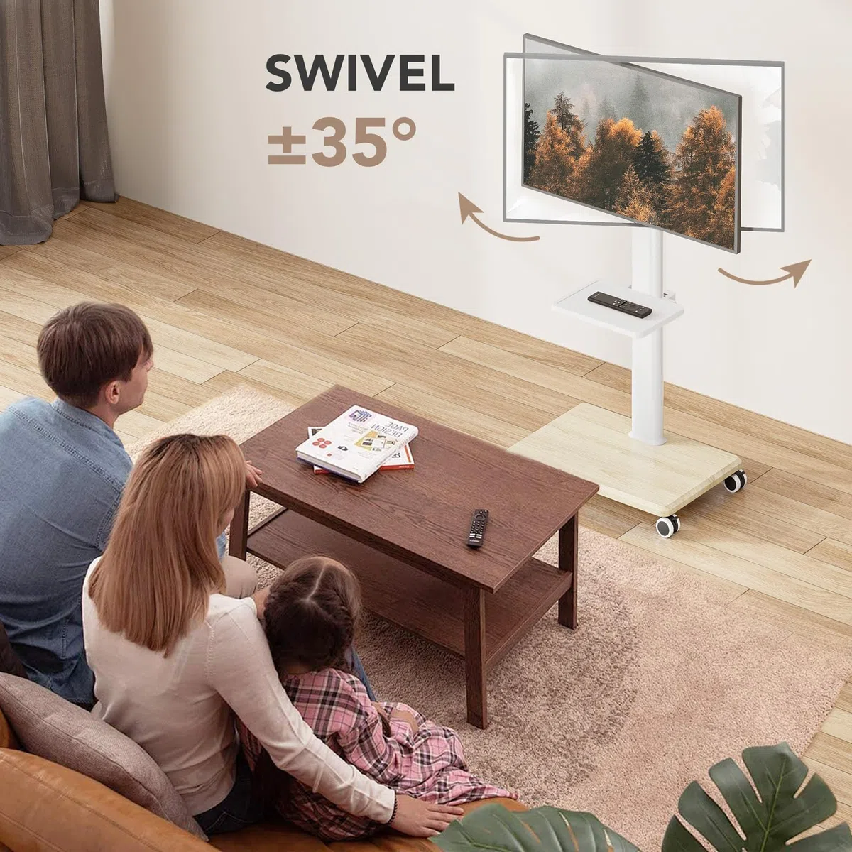 AX WABER Supporto TV da Pavimento Mobile con Ruote, per TV 27-65 Pollici, VESA 400x400, Carico 40kg, Design Bianco e Legno Chiaro