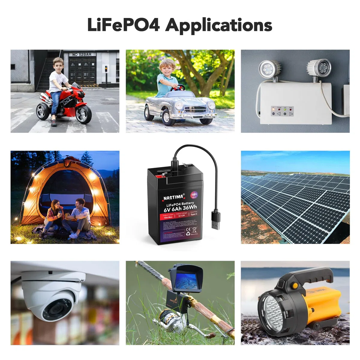 NASTIMA Batteria Ricaricabile 6V 6Ah 36Wh LiFePO4 con Protezione BMS e Ciclo Profondo 2000, Ricarica Type-C, Telecamere di Sorveglianza, Macchinine per Bambini, Barche a Motore, Campeggio