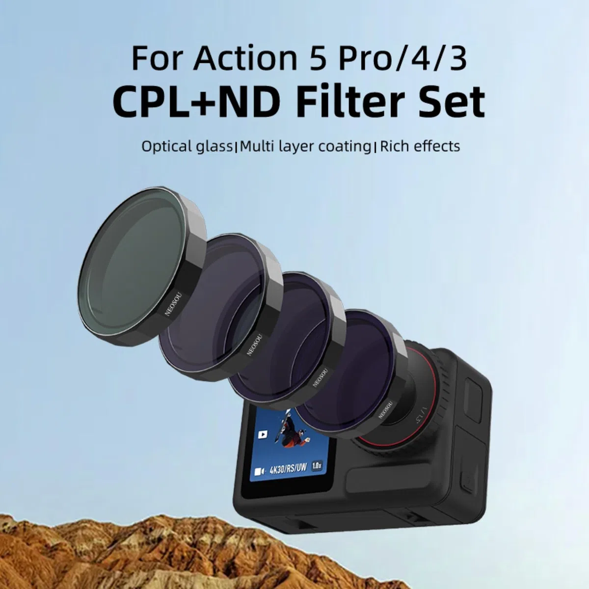 Osmo Action 5 Pro ND - Set di 4 filtri polarizzanti a densità neutra CPL ND8 ND16 ND32, in vetro ottico HD, copertura protettiva per obiettivo multistrato per DJI Action 5/4/3 accessori