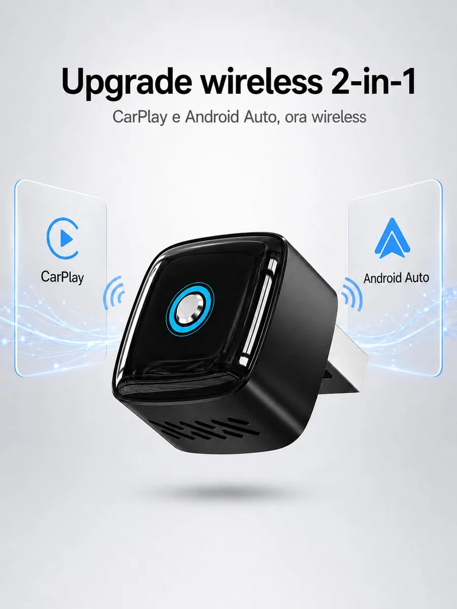 Adattatore Wireless CarPlay e Android Auto 2 in 1, Dongle Nero Ultra Mini con Pulsante Interruttore per 2 Dispositivi, WiFi 5,8 GHz, Plug & Play, USB-A/USB-C, OTA per Auto con CarPlay/Android Auto