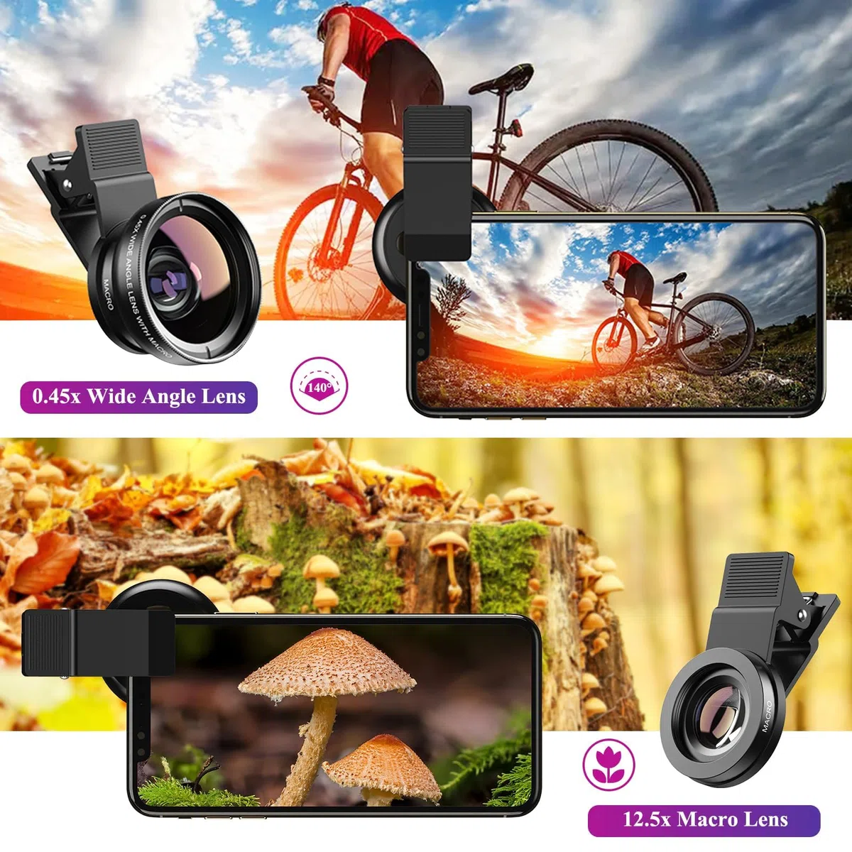 Obiettivo per smartphone universali, 2 in 1 Obiettivo per cellulare, Macro 12,5x, Grandangolare 0,45x, Obiettivi macro,per la maggior parte degli smartphone