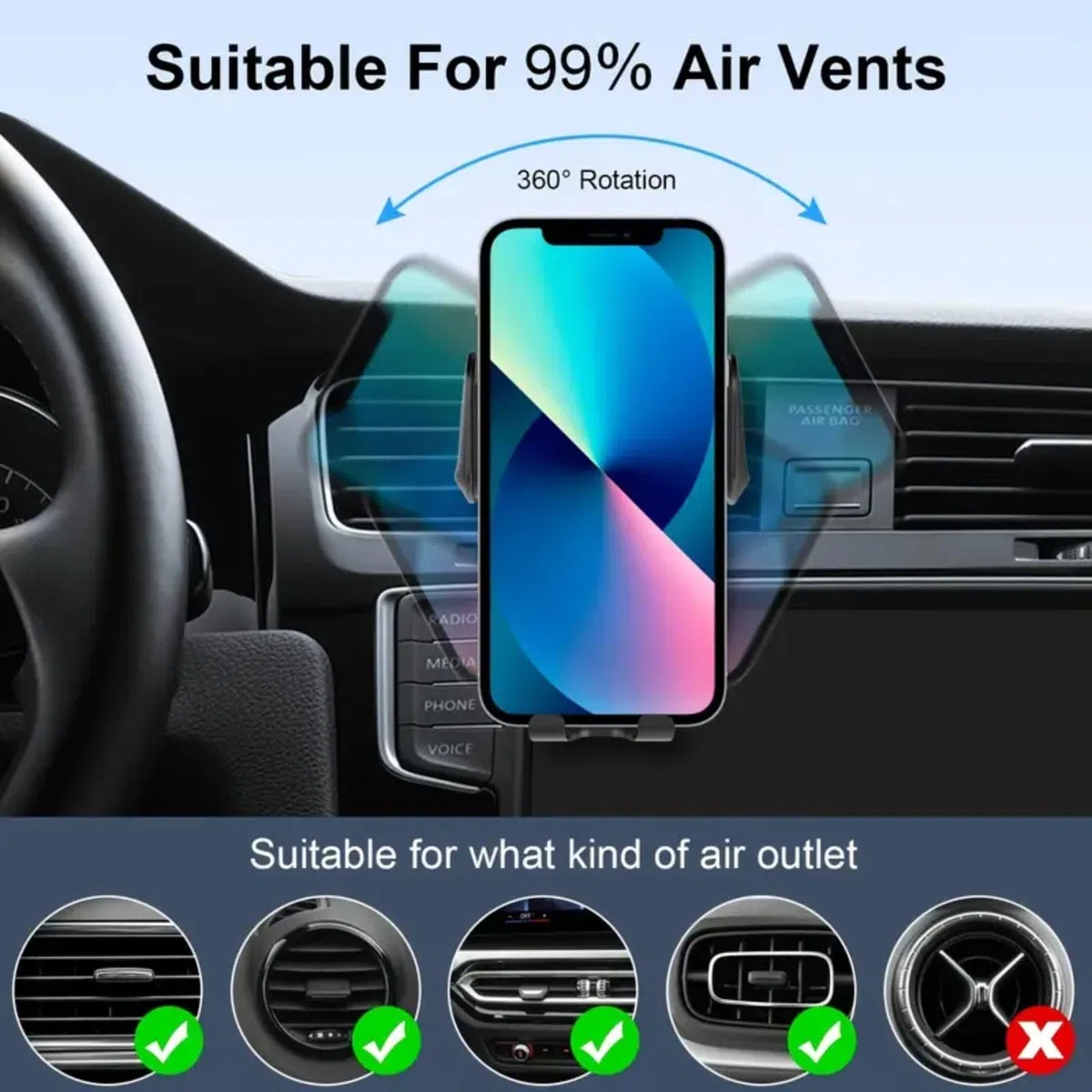 Supporto per telefono da auto da 15 W, caricatore wireless a induzione, blocco automatico intelligente, supporto per caricabatterie da auto wireless, supporto per presa d'aria, per iPhone 15 14 13 12