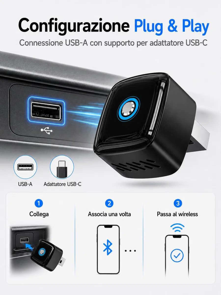 Adattatore Wireless CarPlay e Android Auto 2 in 1, Dongle Nero Ultra Mini con Pulsante Interruttore per 2 Dispositivi, WiFi 5,8 GHz, Plug & Play, USB-A/USB-C, OTA per Auto con CarPlay/Android Auto