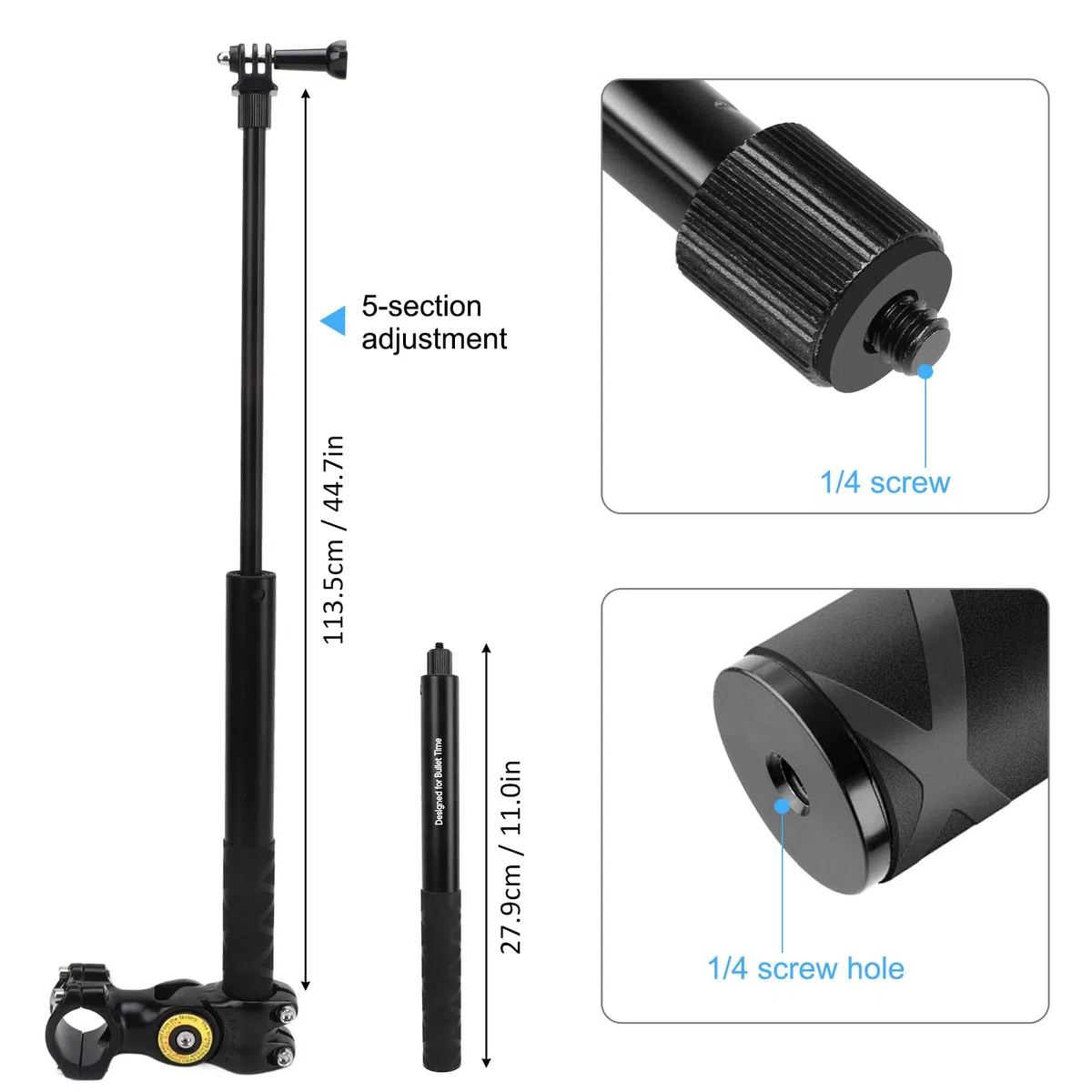 Morsetto per fotocamera da manubrio della bicicletta, supporto per fotocamera della bicicletta, supporto per fotocamera, supporto per barra protettiva per moto con bastone selfie