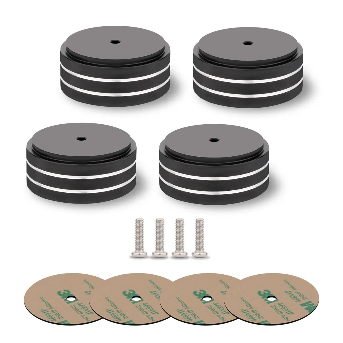 Piedini per altoparlante, 4 pezzi, 58 x 22 mm, per altoparlanti, subwoofer, piedini in alluminio con adesivi 3M, viti M4 per audio, altoparlanti, subwoofer, home theater (nero)