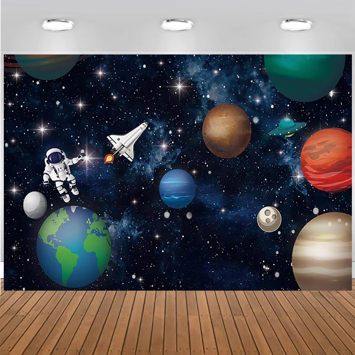 2.1x1.5m Sfondo Spazio Universo Pianeta Stella Galassia Astronauta Razzo Fotografia Sfondo Bambini Ragazzi Ragazze Feste di Compleanno Decorazioni Banner Photo Booth Props