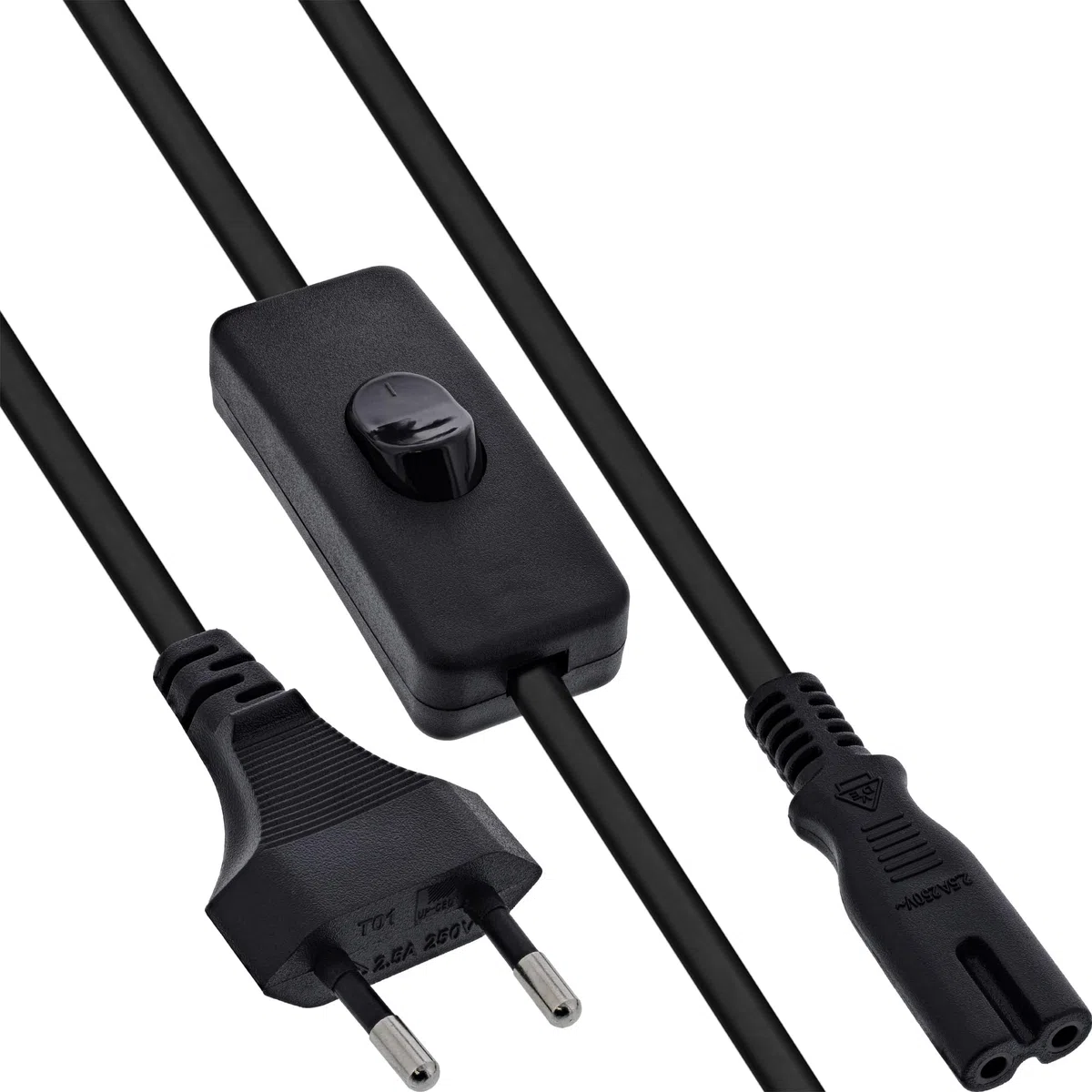 Inline Euro 16151 - Cavo di alimentazione con interruttore, spina CEE 7/16 a IEC-C7, 2 poli, cavo di alimentazione per dispositivi AV, nero, 1 m