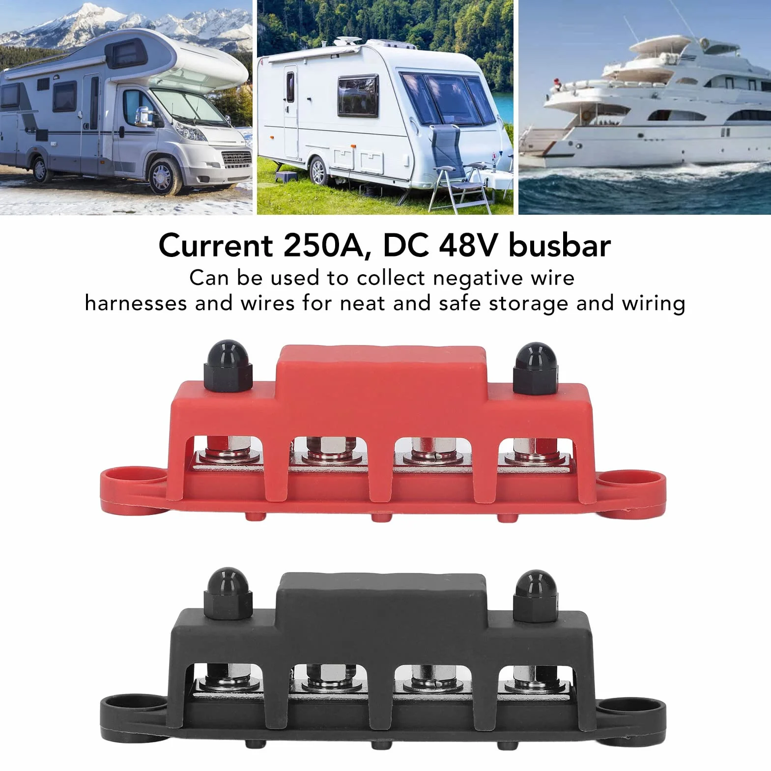 Sbarra Collettrice per Blocco Distribuzione Alimentazione Automobilistica da 2 Pezzi con Coperture DC48V 250A M8 Vite 4 Terminali Cablaggio Organizzato per Apparecchiature