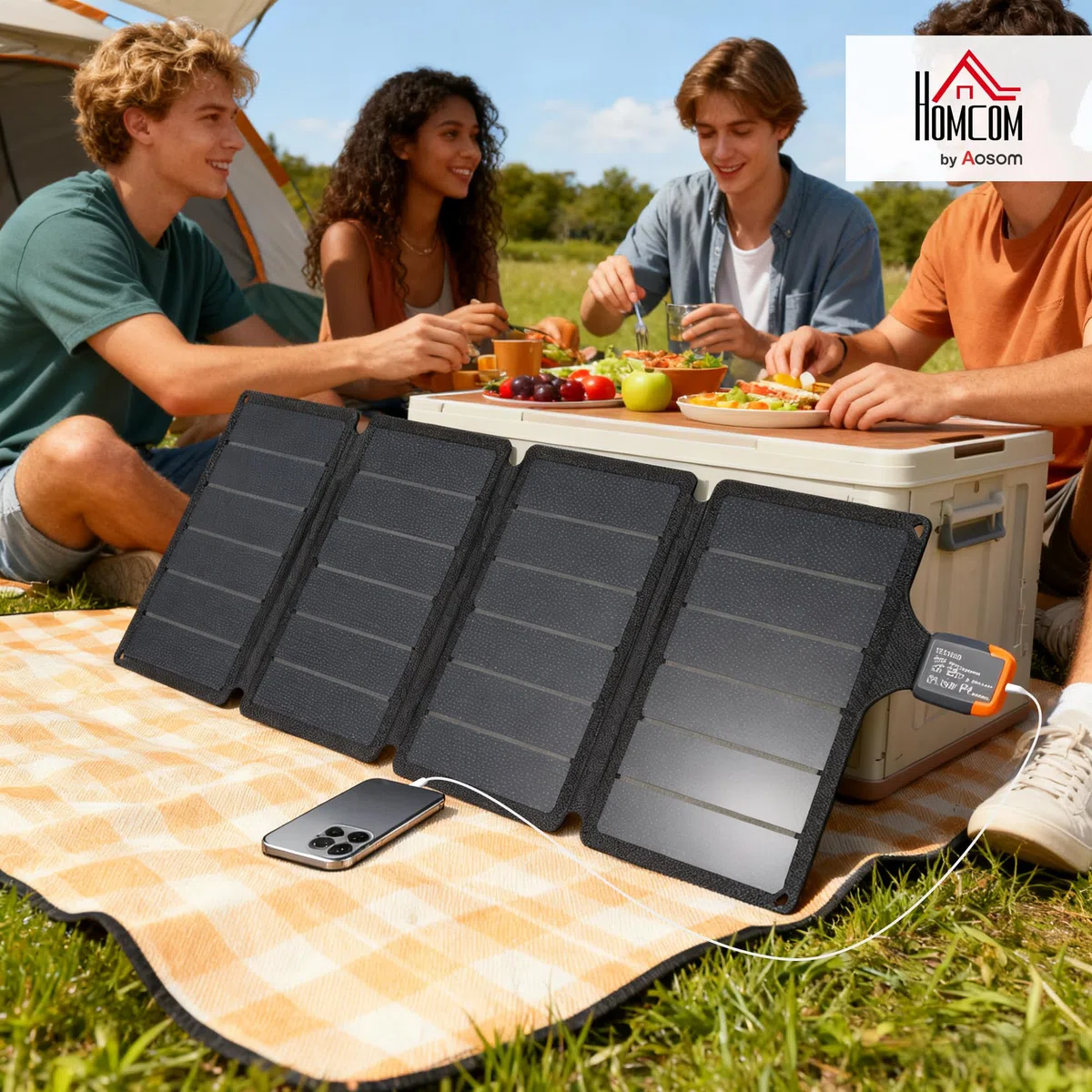 HOMCOM Caricabatteria Solare 36W, Caricatore Solare Pieghevole con Attacco Tipo-C e Adattatore da USB-A per Smartphone e Tablet, Impermeabile IP67 in ETFE, per Campeggio e Uso Esterno, Grigio