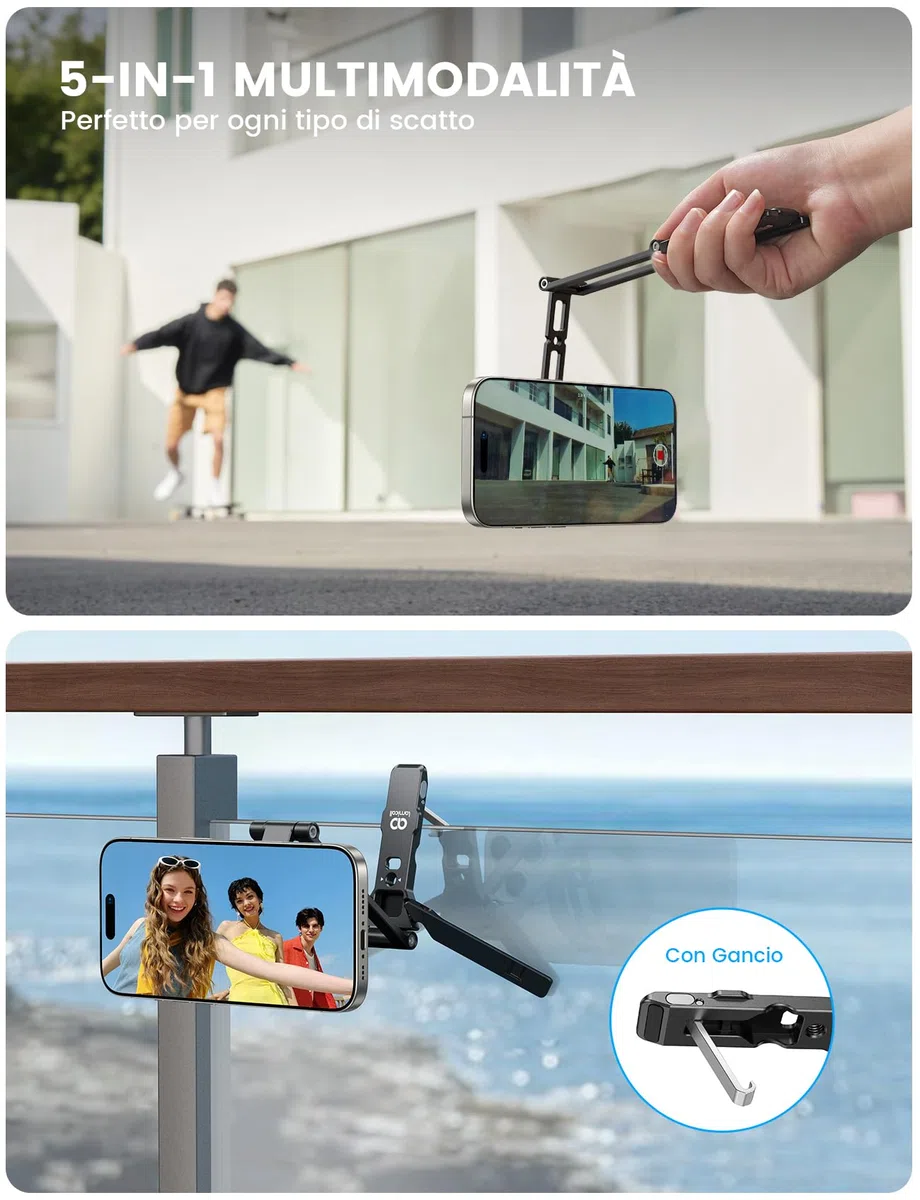 Lamicall 5 IN 1 Treppiede Smartphone, Mini Treppiede per Magsafe -[Compatto] Treppiede Tavolo Alluminio, Vite da 1/4"& Arca-Swiss, Porta Telefono Magnetico con Gancio Nascosto, Ideale per Vlog Viaggio