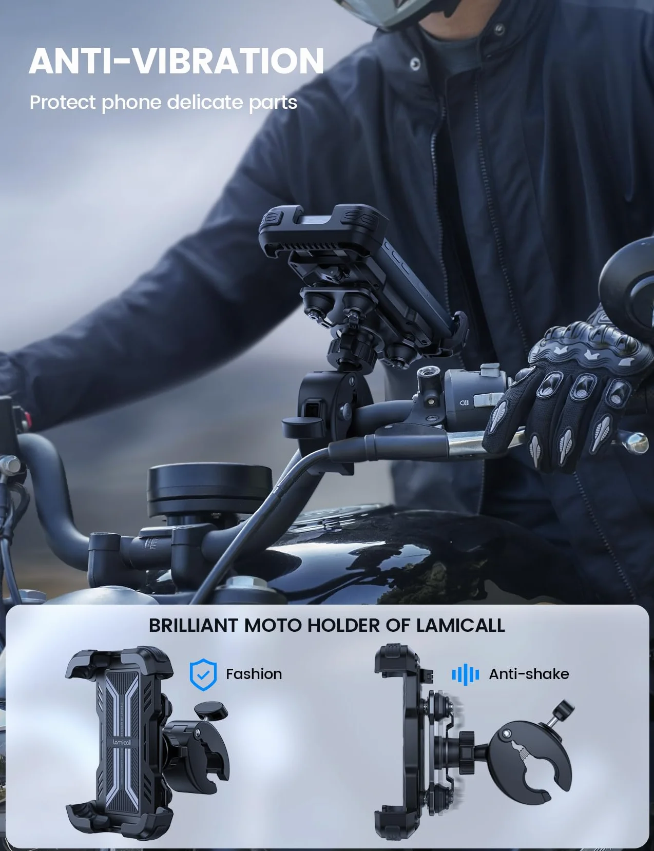 Lamicall Supporto Telefono Moto Antivibrazione Doppio Ammortizzatore 360° Rotazione Universale Manubrio Bicicletta per iPhone 17 16 15 14 13 Xiaomi 4.7-6.8"