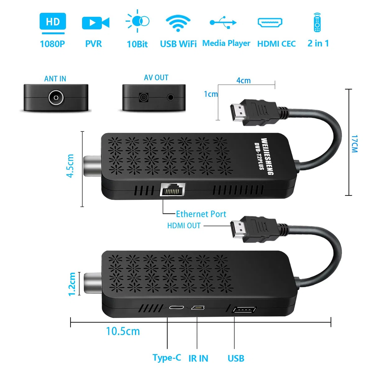 Decoder Digitale Terrestre 2025, Decoder DVB-T2-Mini TV Stick, HD 1080P H.265 HEVC Main 10-Bit,Supporto-HDMI, AV, Ethernet,USB WiFi,DLNA,PVR,Multimedia [Telecomando 2 in 1 con Controllo TV]