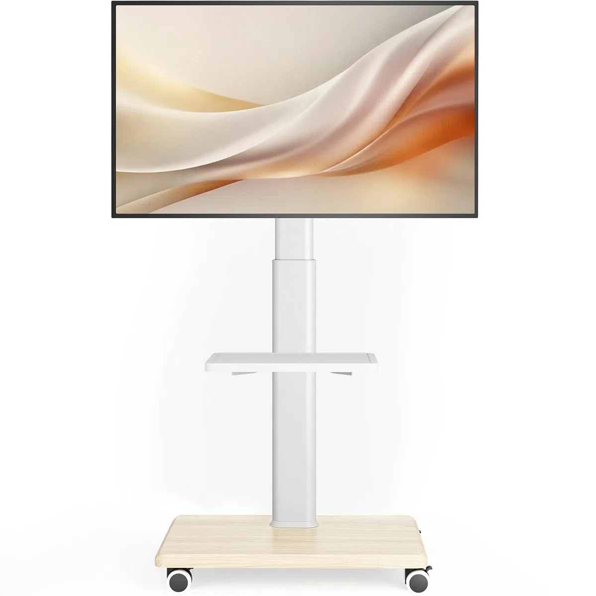 AX WABER Supporto TV da Pavimento Mobile con Ruote, per TV 27-65 Pollici, VESA 400x400, Carico 40kg, Design Bianco e Legno Chiaro