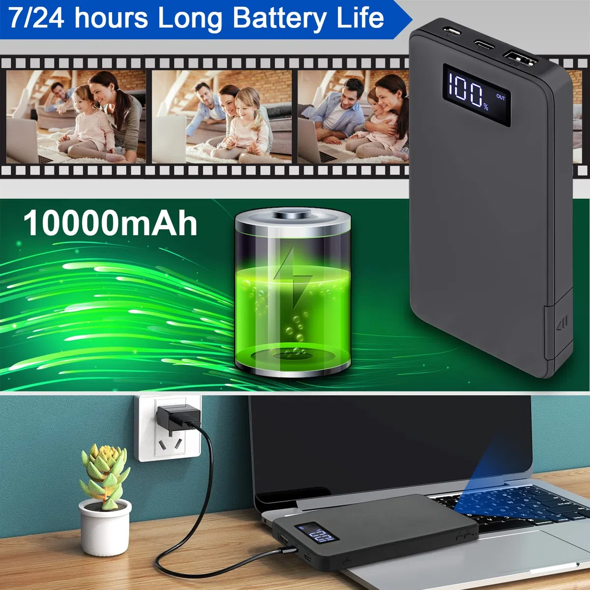 Telecamera Spia Telecamera Nascosta WiFi 4K/1080P Powerbank 10000mAh Portatile Telecamera di Sorveglianza Senza Fili con Visione Notturna, Allarme di Rilevamento del Movimento