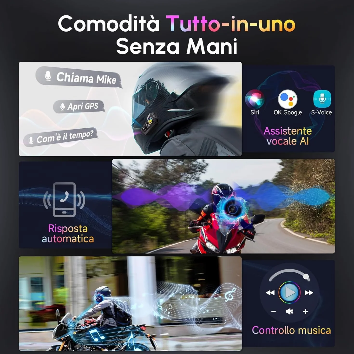 Moman Cuffie per casco da moto, BT5.1, con altoparlanti Hi-Fi, doppia riduzione del rumore, RGB/FM/vivavoce/AI vocale, cuffie per pilota singolo (nero H4P)