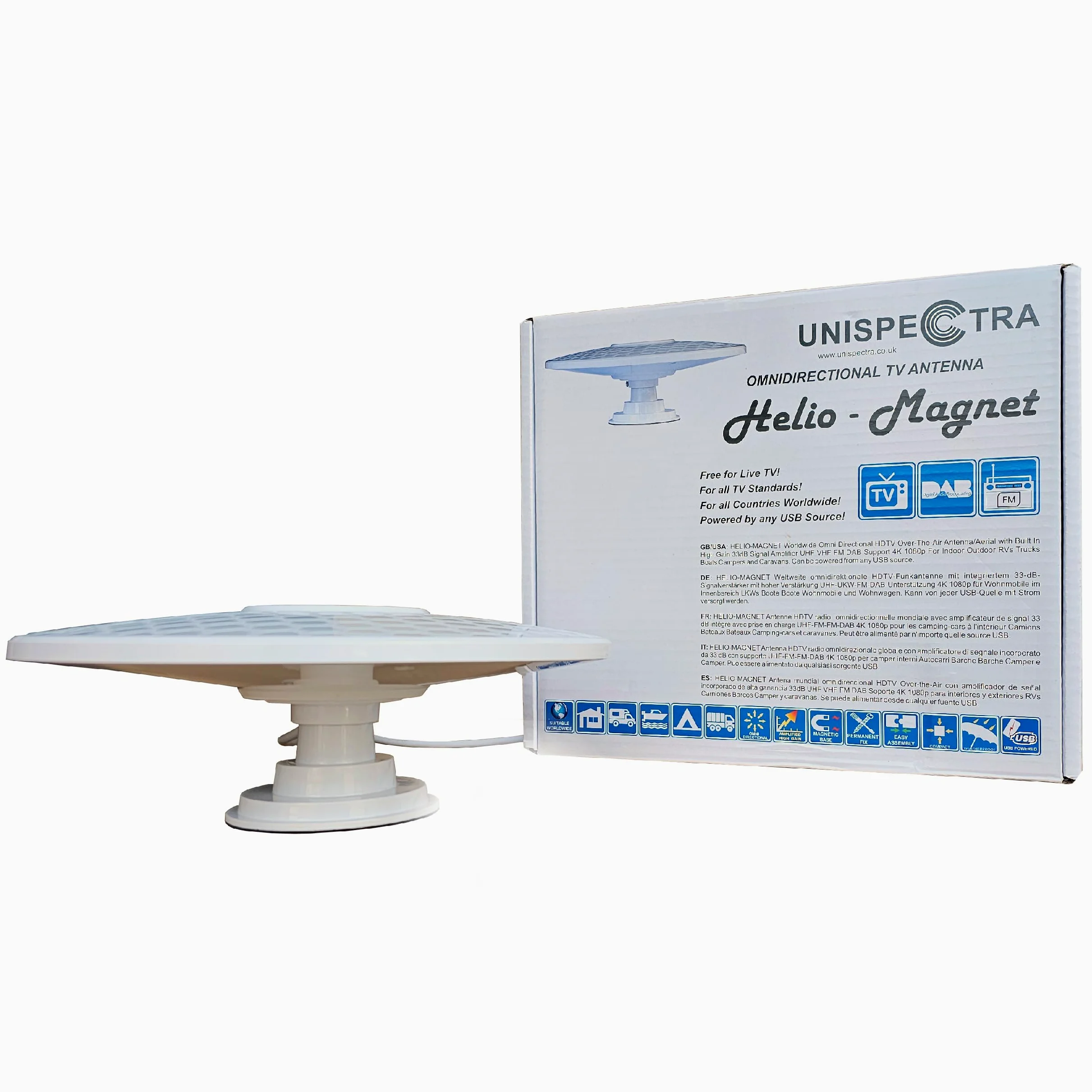HELIO – Magnet Antenna Digitale omnidirezionale amplificata HD TV Antenna ad alta guadagno 33dB. DVB-T2 UHF FM DAB. 12V / 24V / 5V USB. Ideale per camper camper roulotte barca di Unispectra®