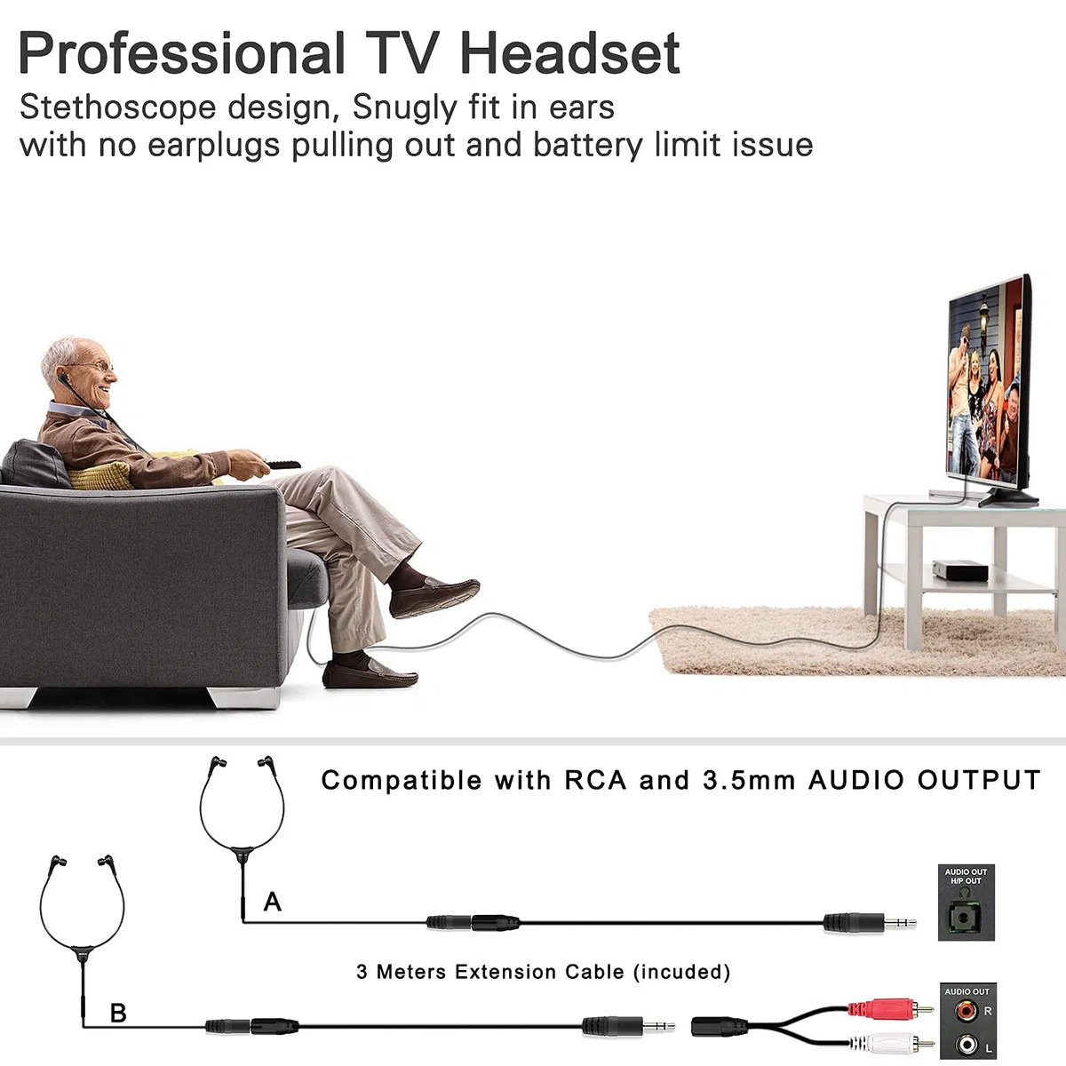 SIMOLIO Cuffie a cavo lungo per TV e PC con controllo del volume e microfono, cavo esteso da 4,5 m, RCA e uscita AUX da 3,5 mm, cuffie stereo cablate per laptop/tablet, SM-901TV