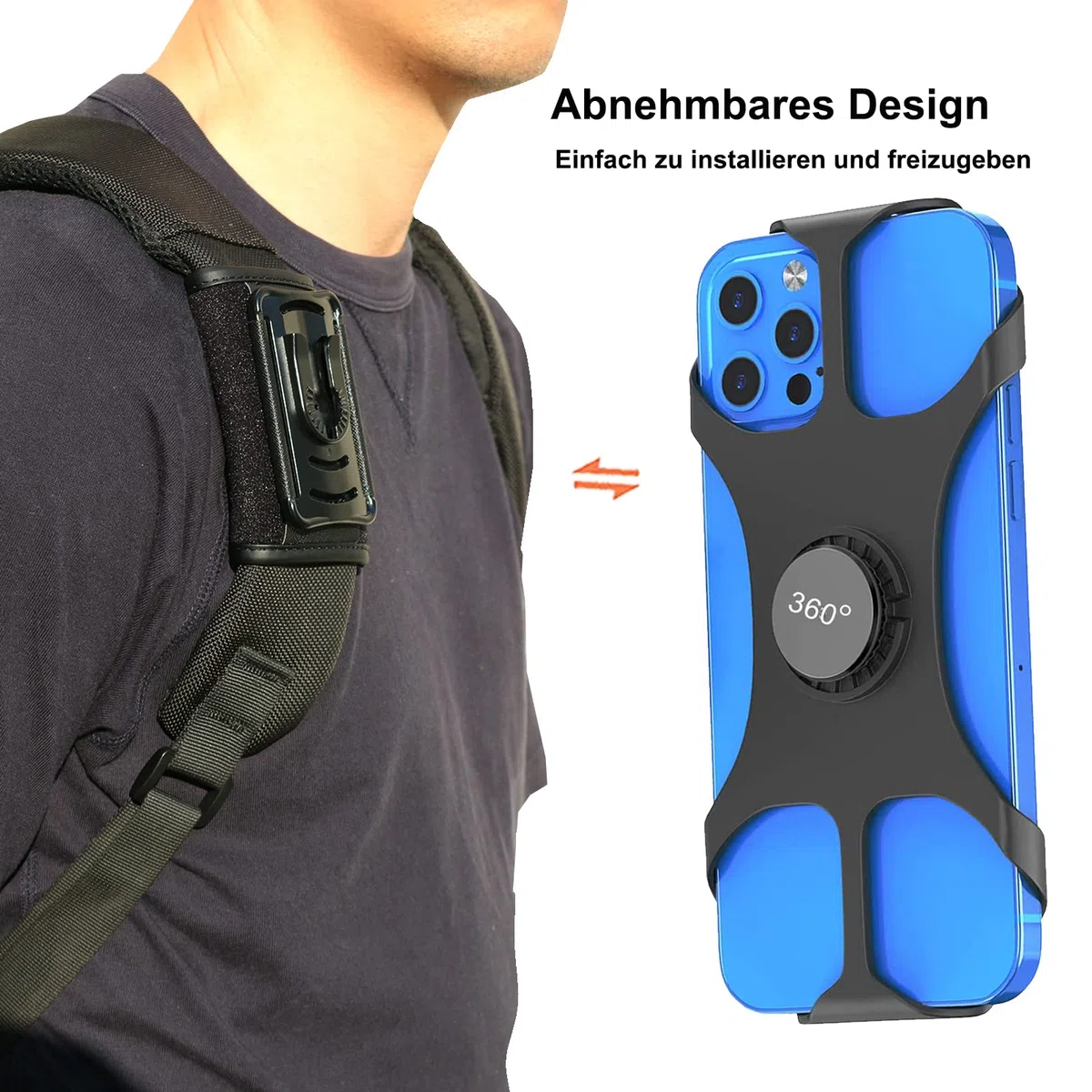 HEZEN Supporto per telefono cellulare per zaino, clip per cinghia per zaino per cellulare, con regolazione rimovibile, escursionismo, arrampicata, esterno