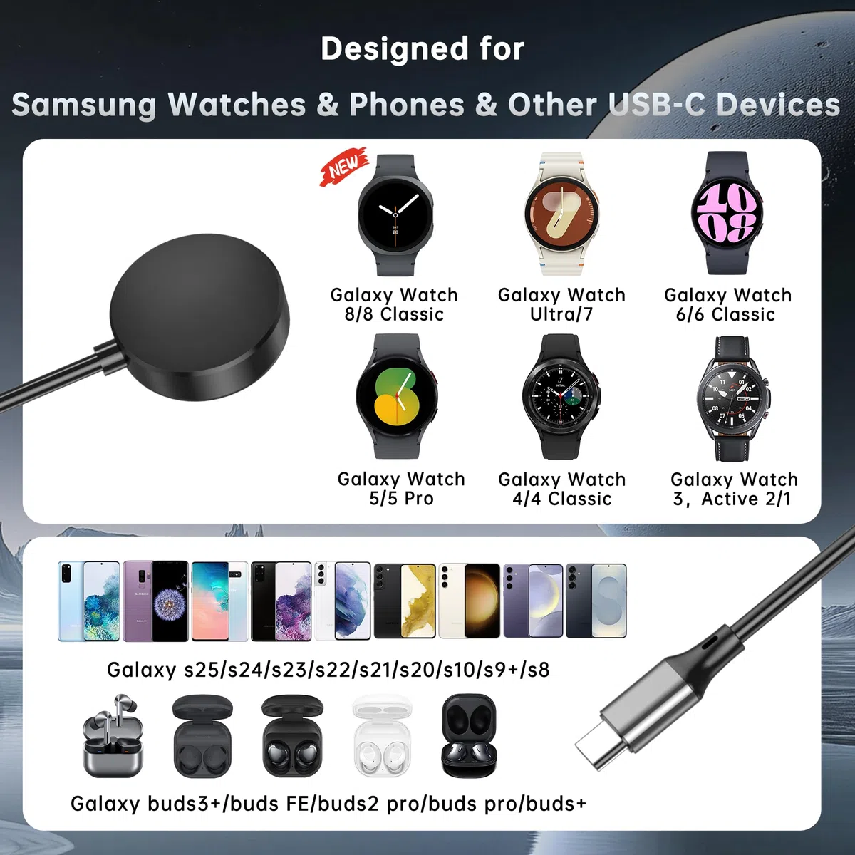 Caricatore Galaxy Watch 2 in 1, 25 W USB-C, compatibile con Galaxy Watch 8/7/Ultra/6/6 Classic/5 Pro/5/4/4 classic/3/Active2/1, per Galaxy S25 Ultra/S24/S23/S22/S21 e Buds