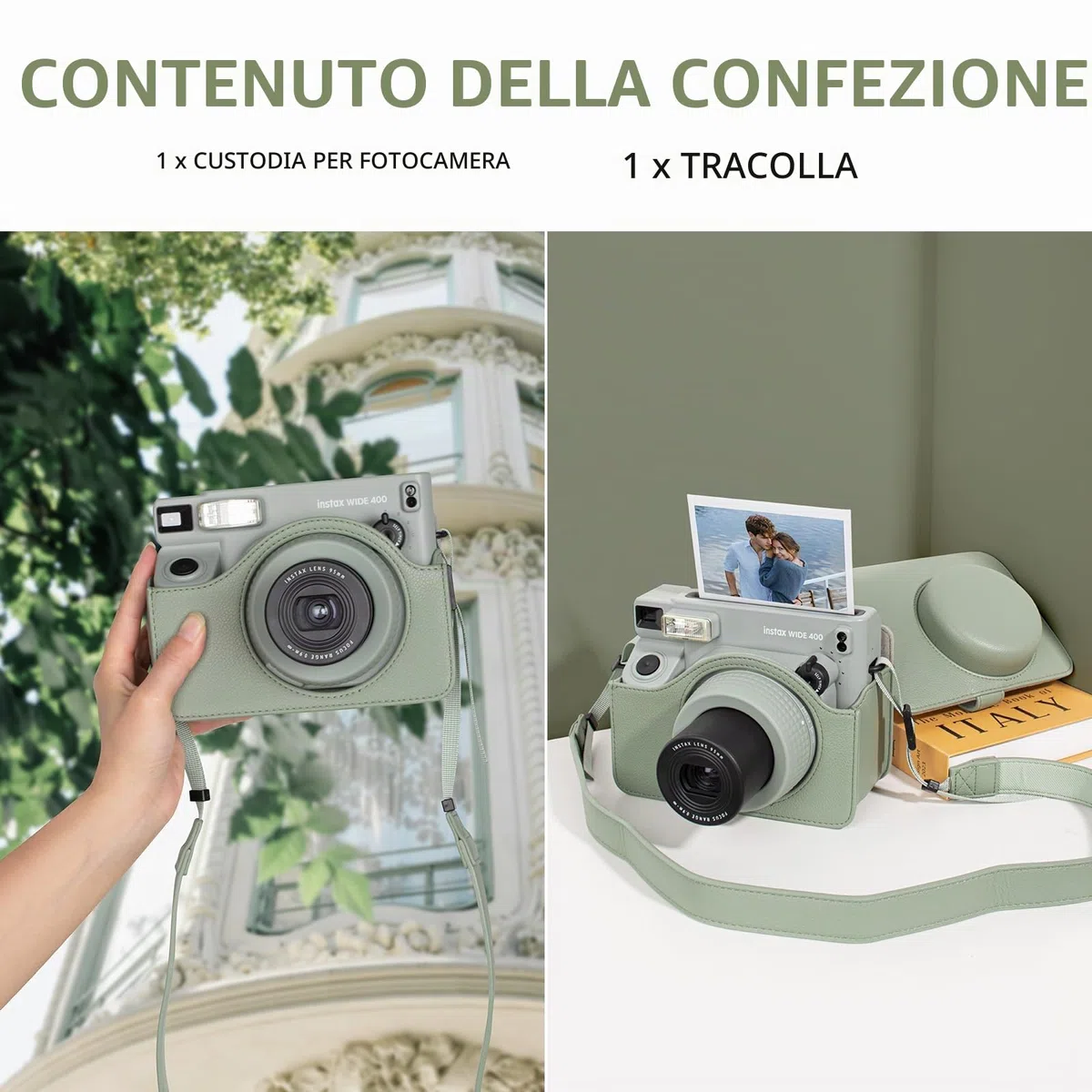 Custodia Protettiva in Pelle Compatibile con Fotocamera Istantanea Fujifilm Instax Wide 400, Custodia per Fotocamera Wide 400 con Tracolla - Verde Fresco