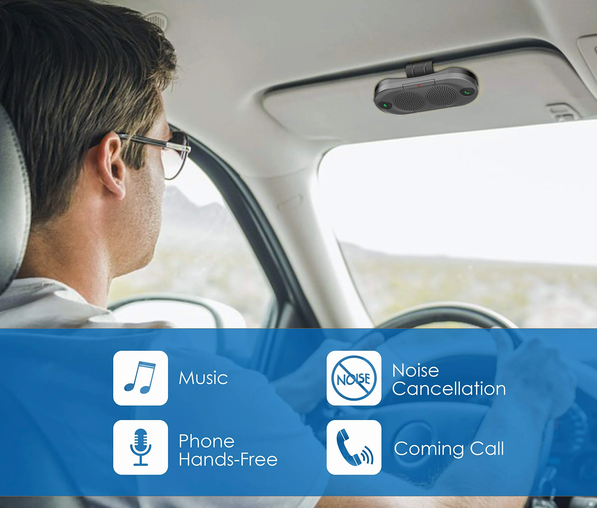 Besign BK06 Kit Vivavoce Bluetooth per Auto, per Chiamate Viva voce, GPS e Musica, Supporto per aletta Parasole, Auto Accensione, con altoparlante potente da 2 X 2W, Connettività Dual Link