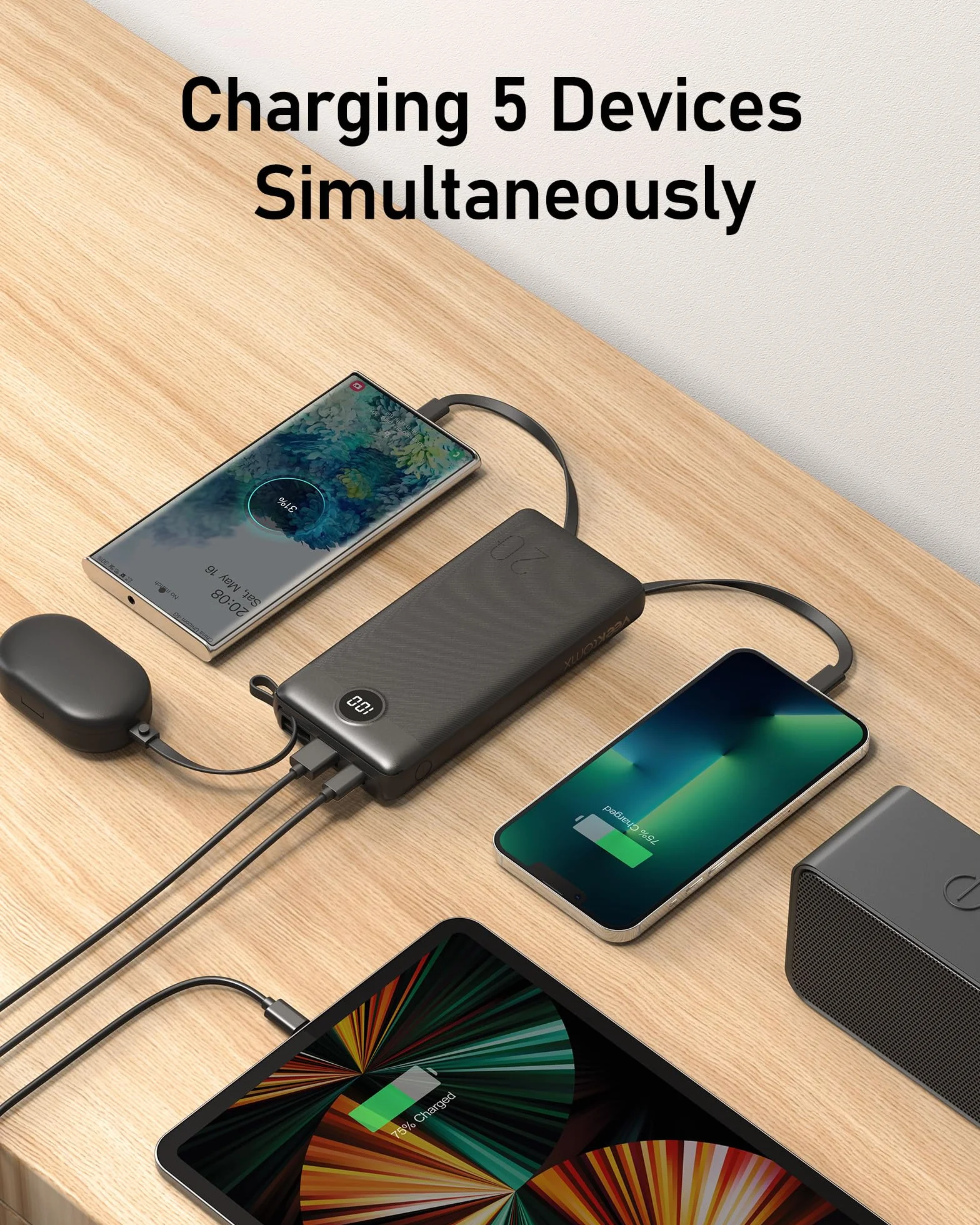 VEEKTOMX Power Bank 20000mAh Powerbank con Cavi Integrati Caricatore Portatile USB C Batteria Esterna con 5 Uscite e 2 Ingressi Compatibile con iPhone Huawei Xiaomi (20000mAh-Nero)