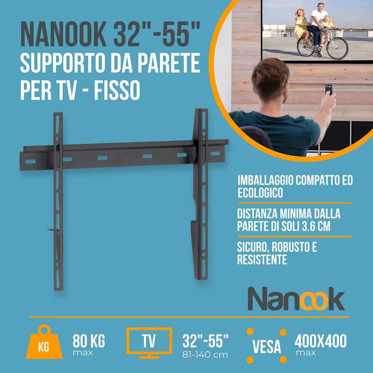 NANOOK Supporto a muro per TV 32-55 pollici | Staffa ultra sottile | Soluzione di montaggio per televisori LCD, LED e OLED | Compatibilità universale | VESA 100x100-400x400 | Nero