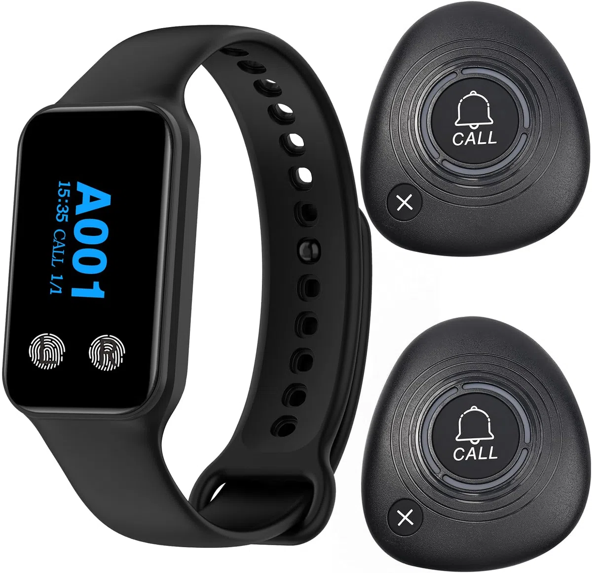 Sistema di chiamata wireless per camerieri per ristoranti e uffici, ricevitore wireless da polso con 1 cercapersone da orologio impermeabile e 2 pulsanti di chiamata (200VT+M2)