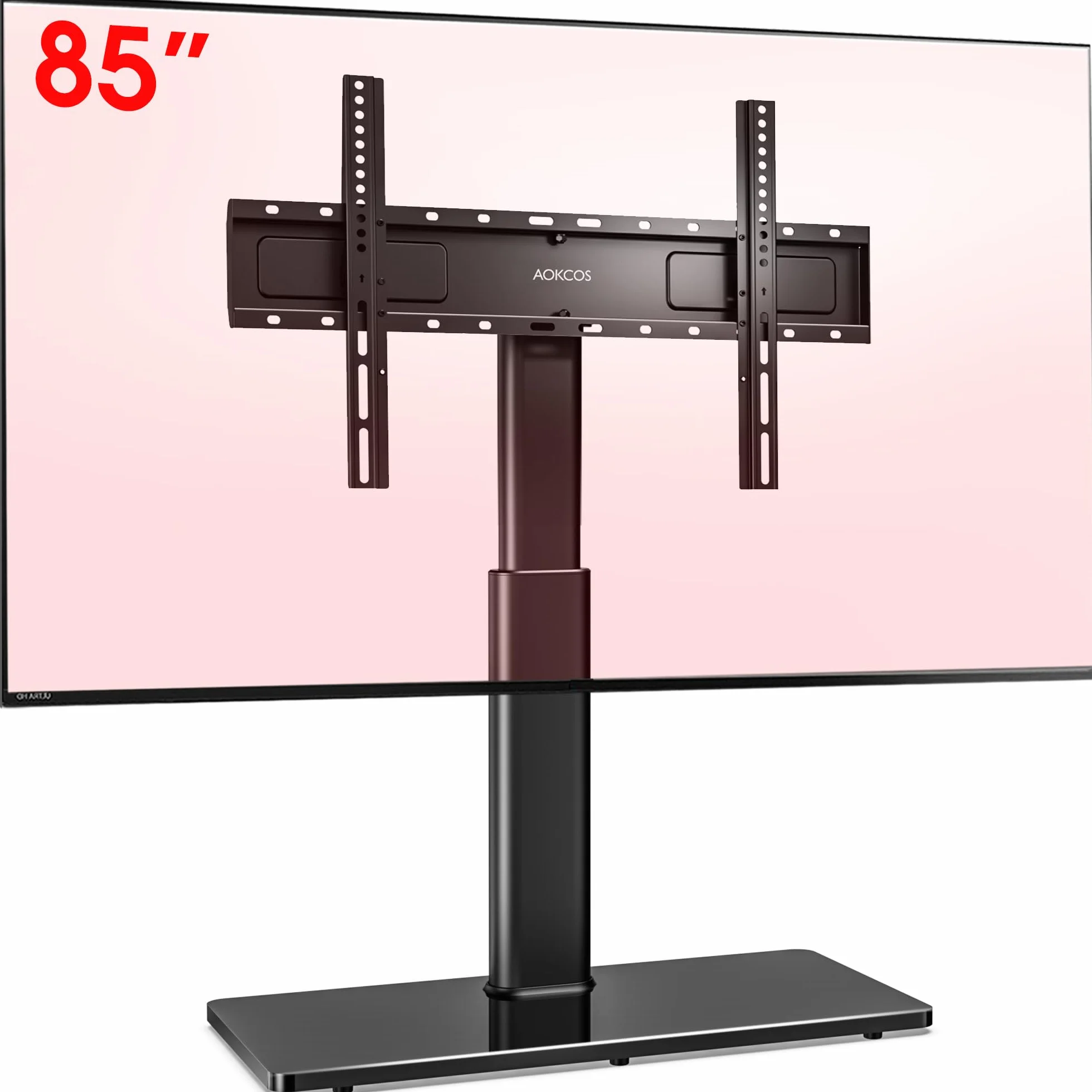 AOKCOS Supporto TV da Tavolo Inclinabile per 42-85 Pollici, Girevole & Altezza Regolabile Piedistallo TV con Base, Mobile Porta TV Max VESA 600x400mm 50KG