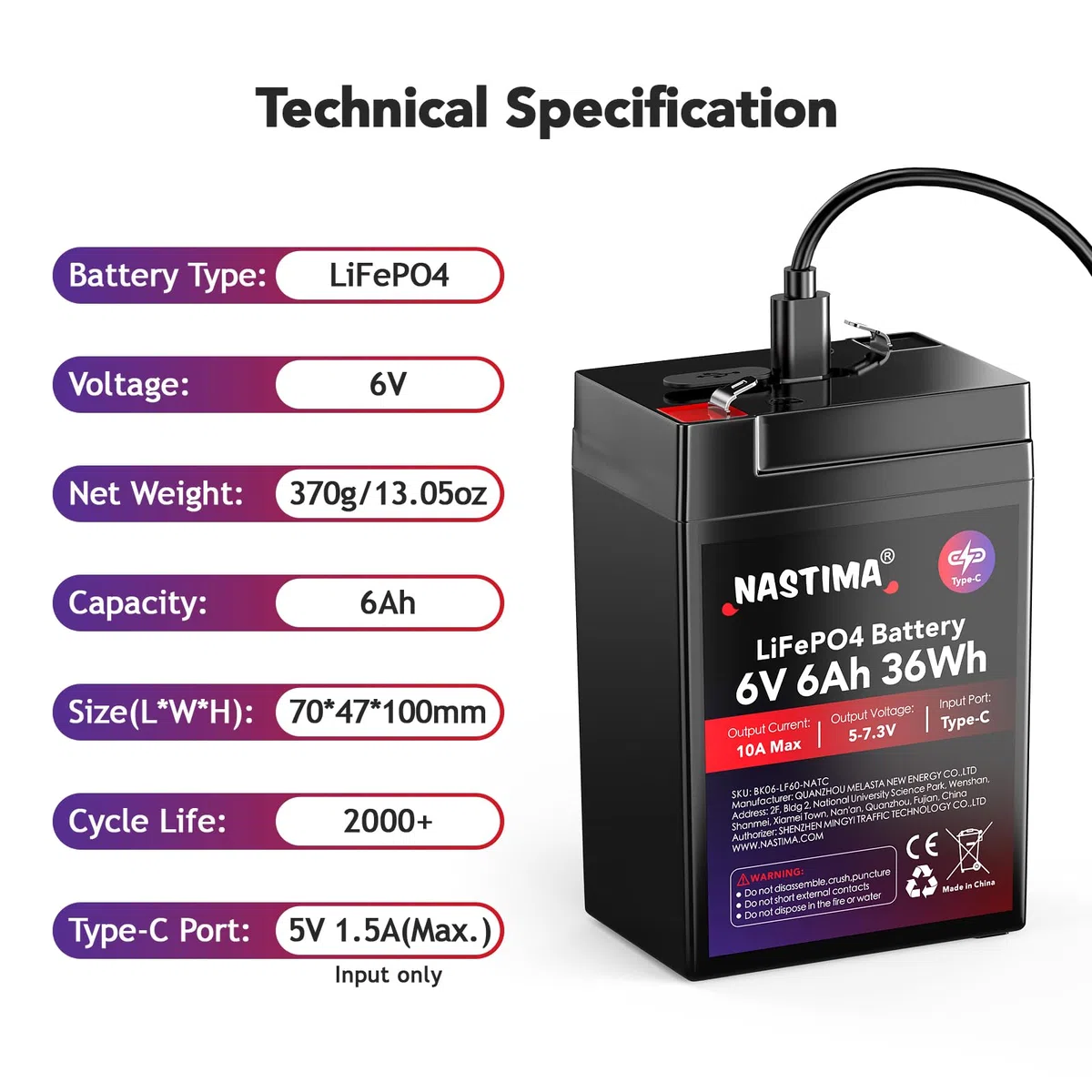 NASTIMA Batteria Ricaricabile 6V 6Ah 36Wh LiFePO4 con Protezione BMS e Ciclo Profondo 2000, Ricarica Type-C, Telecamere di Sorveglianza, Macchinine per Bambini, Barche a Motore, Campeggio
