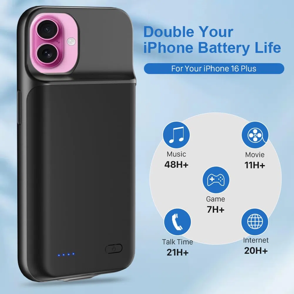 LCLEBM Custodia per iPhone 16 Plus, 7000 mAh, aggiornamento ad alta capacità, batteria ricaricabile estesa, cover protettiva portatile intelligente di backup per iPhone 16 Plus (1 confezione)