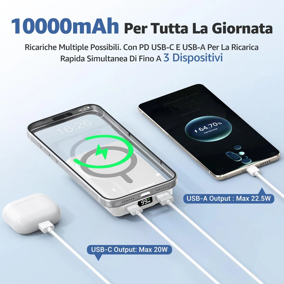 Azmuth Power Bank per Magsafe, 10000mAh Batteria Esterna Magnetica Wireless Ricarica Rapida 20W USB-C con Display LED e Supporto, Caricatore Portatile per iPhone 17/16/15/14/13/12 Serie, Bianco