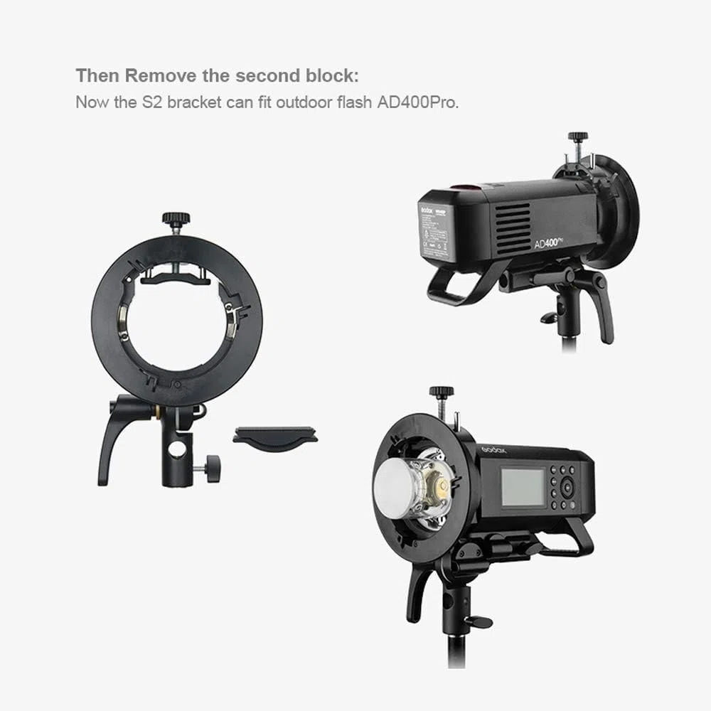 Godox S2 Speedlite Staffa Bowens Supporto di montaggio per AD400Pro, AD200Pro, AD200, Godox V1 Testa rotonda Speedlite, Serie V860II Serie TT350