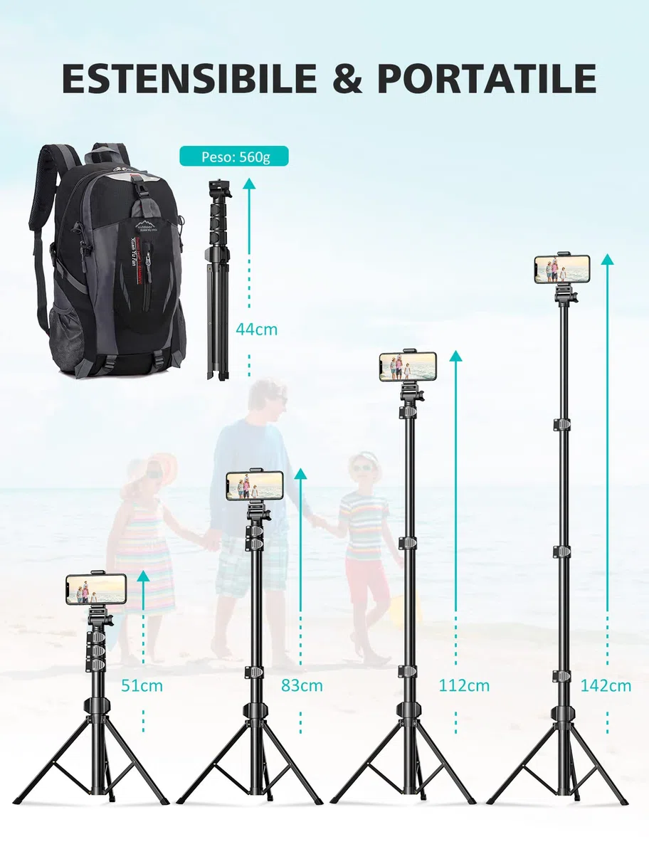 CIRYCASE 142cm/55.9" Treppiede Smartphone, Estensibile All-In-1 Bastone Selfie con Telecomando Bluetooth, Monopiede Fotocamera Compatibile con iPhone/Samsung, Perfetto per Registrazioni Video e Selfie