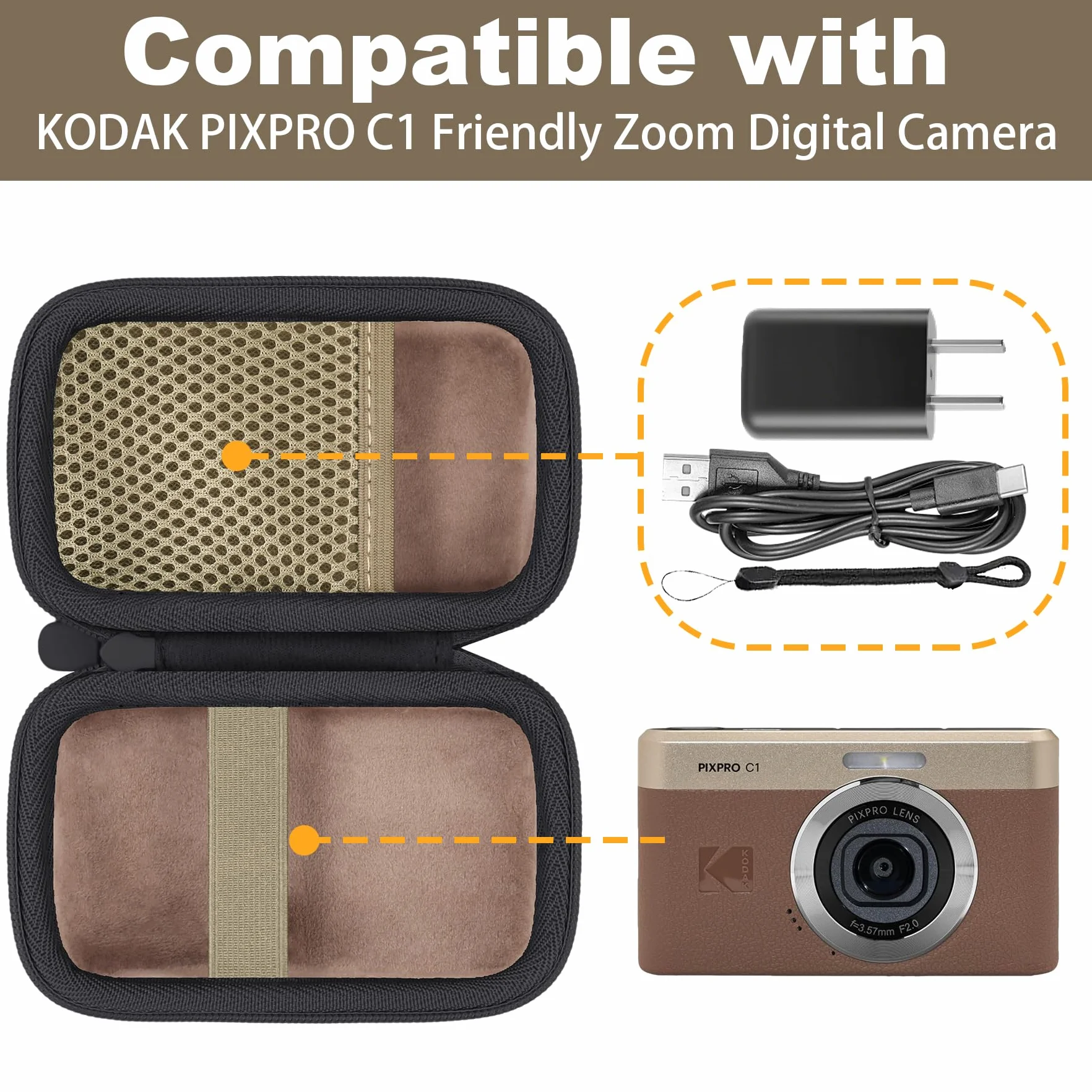 Khanka per KODAK PIXPRO C1 - Fotocamera Digitale Ultra Compatta Custodia Rigida da Viaggio con Maniglia,Solo Custodia (Marrone)