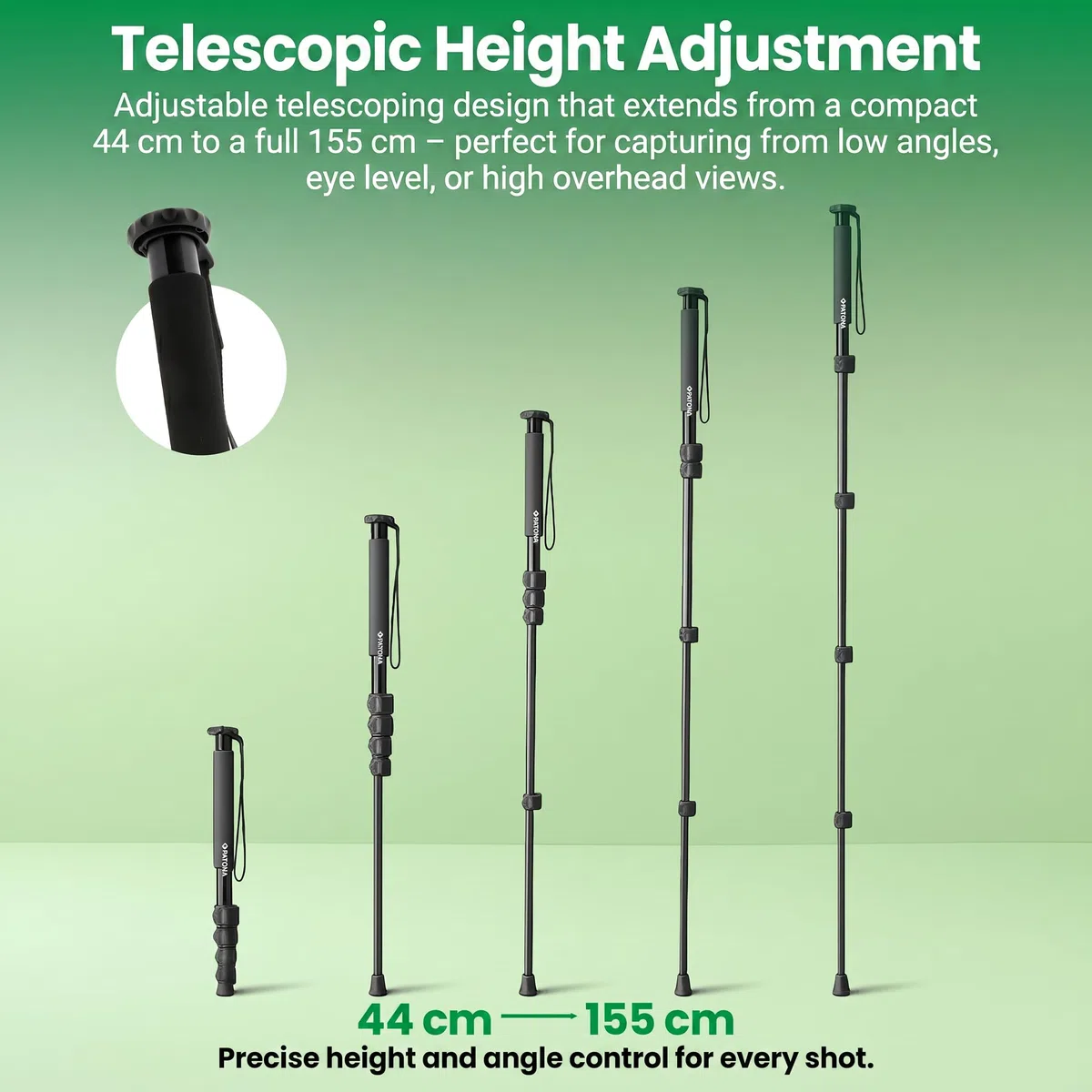 PATONA Treppiede monopiede telescopico di alta qualità, leggero design telescopico in alluminio robusto, treppiede per fotocamera Gezi Mono One, monopiede fino a 155 cm, filettatura da 1/4 e 3/8