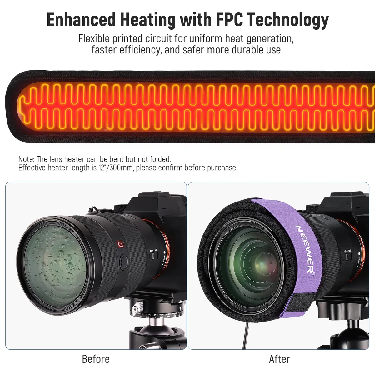 NEEWER Riscaldatore per Lenti a USB da 300mm con Tec. FPC per Astrofotografia con Telescopi e Obiettivi di Fotocamere DSLR, 3 Livelli di Temperatura, Evita Sovratensione/Rugiada/Nebbia/Condensa, HW-28