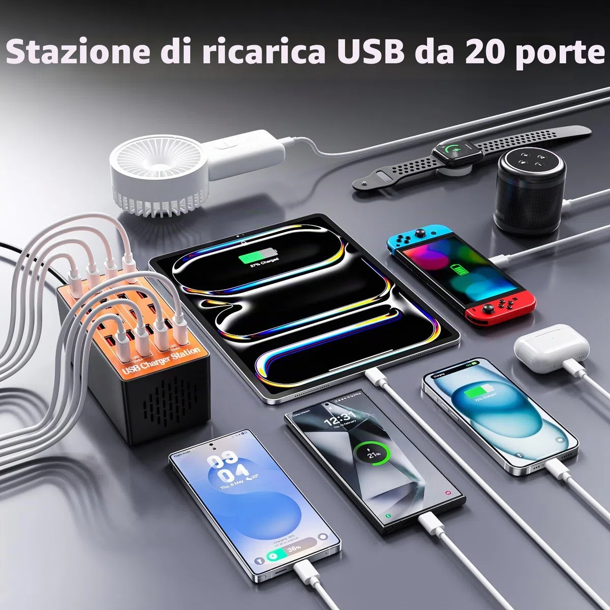 Caricabatterie USB Multiplo da 20 Porte, Stazione di Ricarica Intelligente da Scrivania con Ricarica Rapida e Design Compatto per iPhone, Samsung, Google e Altri Dispositivi