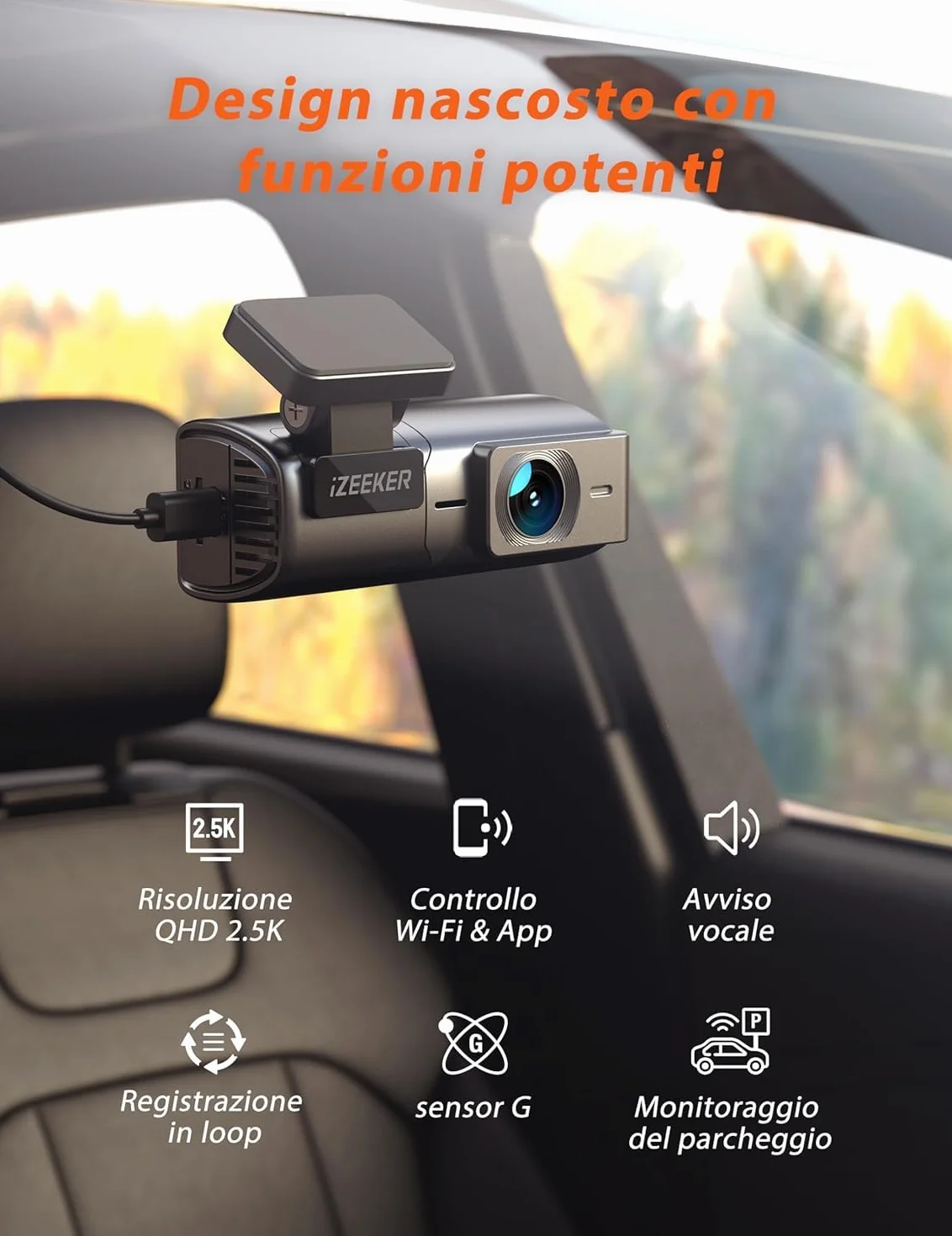 iZEEKER 2.5K Dash Cam Auto WiFi Dash Camera 1440P Visione Notturna WDR G-Sensor Registrazione in Loop