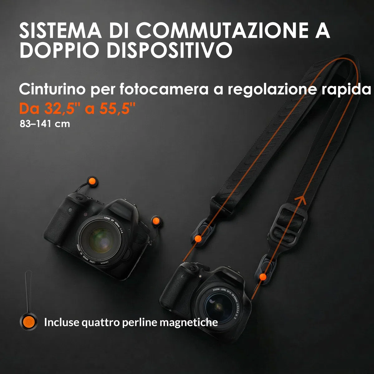 TARION Tracolla per Fotocamera a Sgancio Rapido – Tracolla Magnetica per DSLR – Regolazione Rapida della Lunghezza 83-141cm – 50kg Ancoraggi di Sicurezza in Corda Dyneema ad Alta Portata – Magislide