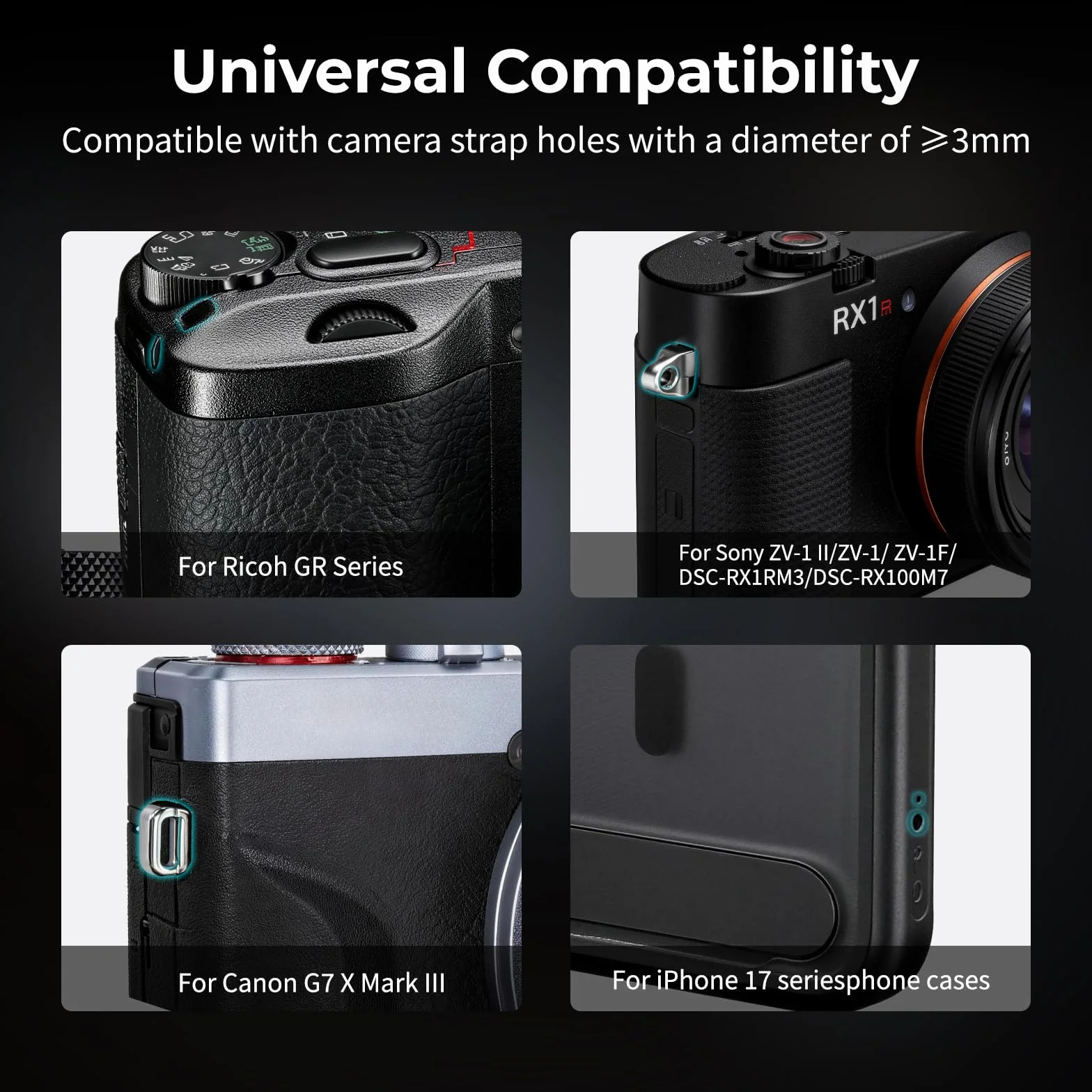 SMALLRIG Tracolla a sgancio rapido per Ricoh Serie GR, portatile e protettiva, per Sony ZV-1 II/ZV-1 / ZV-1F, per Canon G7 X Mark III, per custodie per iPhone Serie 17, Nero - 5686
