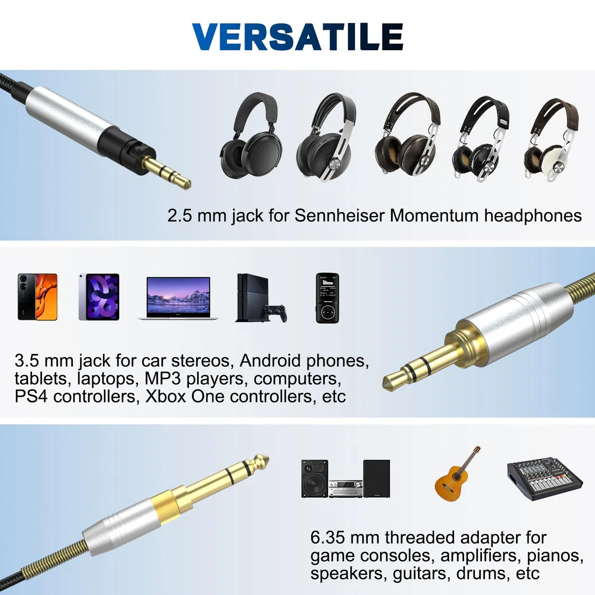 Momentum 4 Cavo compatibile con cuffie Sennheiser Momentum 4, Momentum 3, Momentum 2, HD1 On-Ear, HD 400S, HD 450BT, PXC 550, PXC 550-II, ACCENTUM Plus, cavo audio con adattatore da 6,35 mm, 2 m