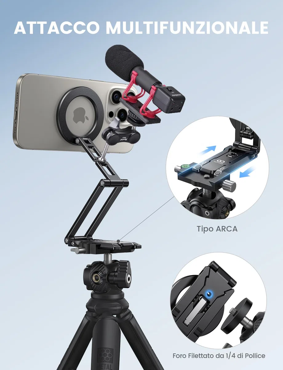 Lamicall 5 IN 1 Treppiede Smartphone, Mini Treppiede per Magsafe -[Compatto] Treppiede Tavolo Alluminio, Vite da 1/4"& Arca-Swiss, Porta Telefono Magnetico con Gancio Nascosto, Ideale per Vlog Viaggio