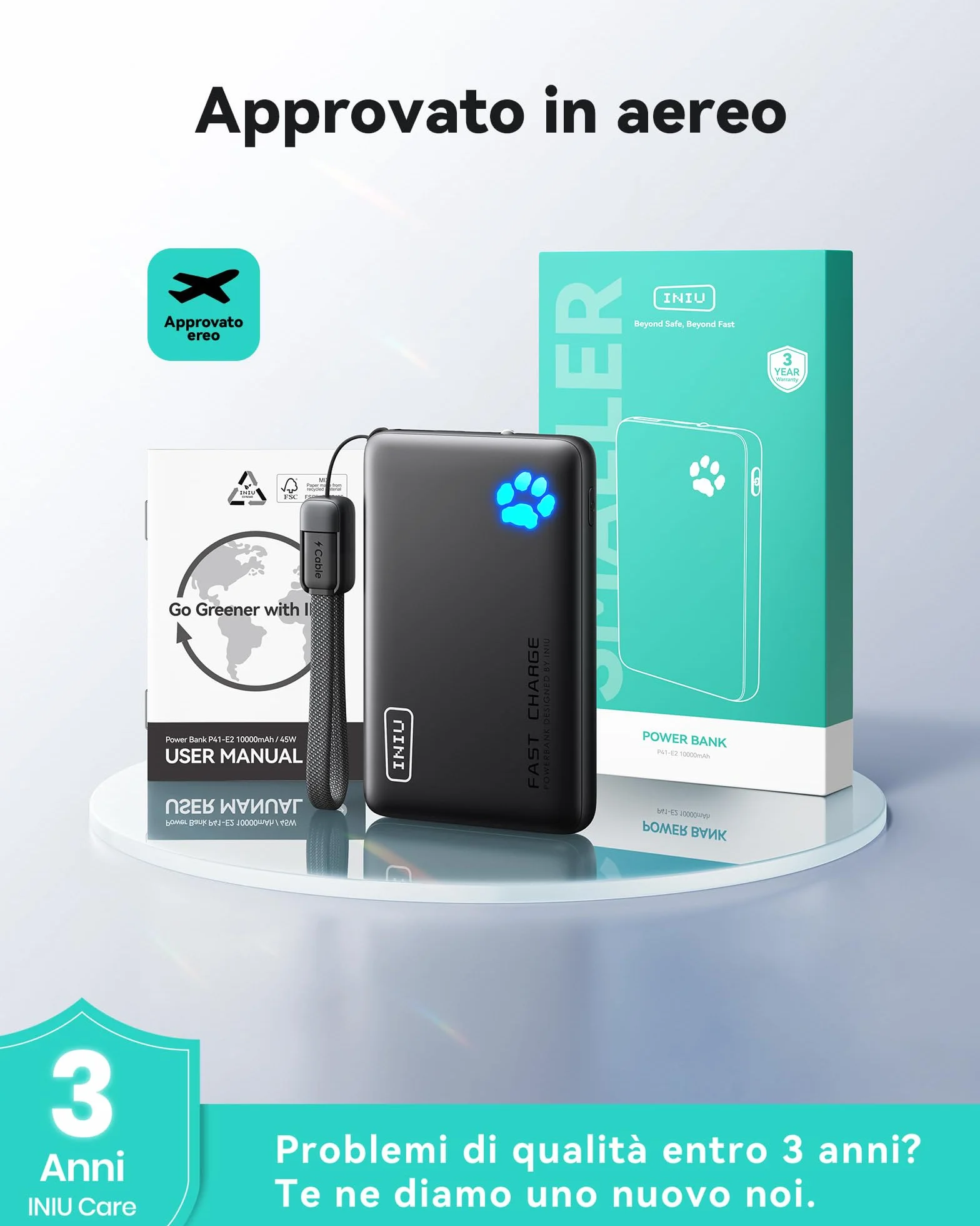INIU Power Bank, Piccolo 45W Ricarica Rapida 10000mAh Powerbank con Cavo USB C Staccabile, Idoneo per Volo, Essenziali da Viaggio, Caricatore Portatile per iPhone 17 16, Samsung S25 Xiaomi iPad ecc.