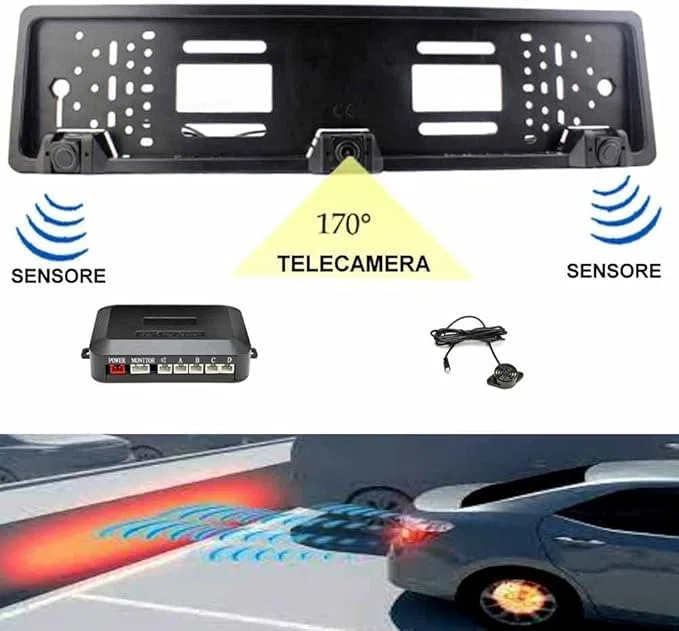 SQUADO Porta targa con telecamera posteriore e 2 sensori di parcheggio per auto europea, Retromarcia, Portatarga con camera e sensore, Allarme sonoro