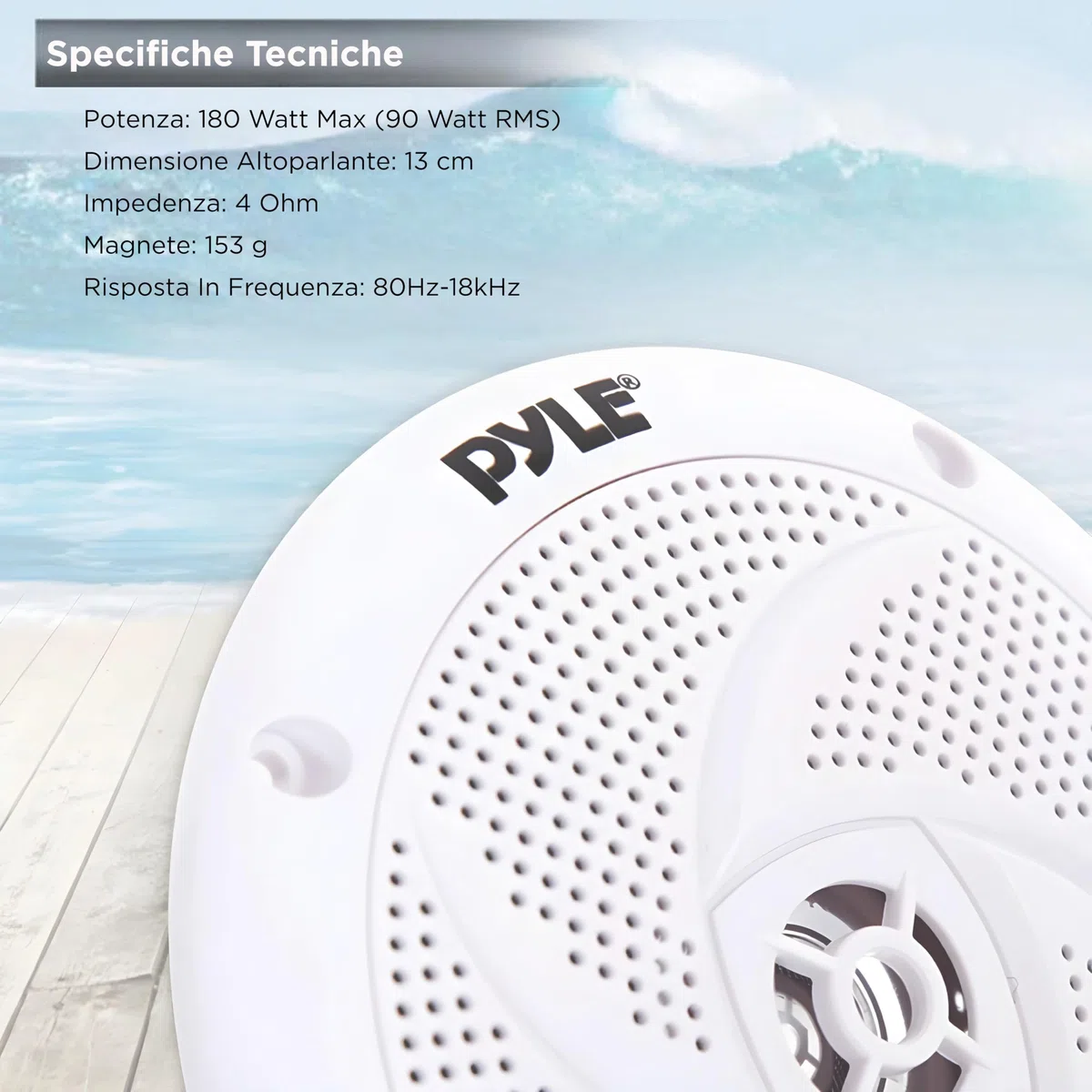 Pyle Altoparlanti Marini, Casse Audio 13,34 Centimetri, 2 Vie Impermeabili, Speaker con Potenza 180 Watt, Design a Profilo Basso, 1 Coppia, Bianco