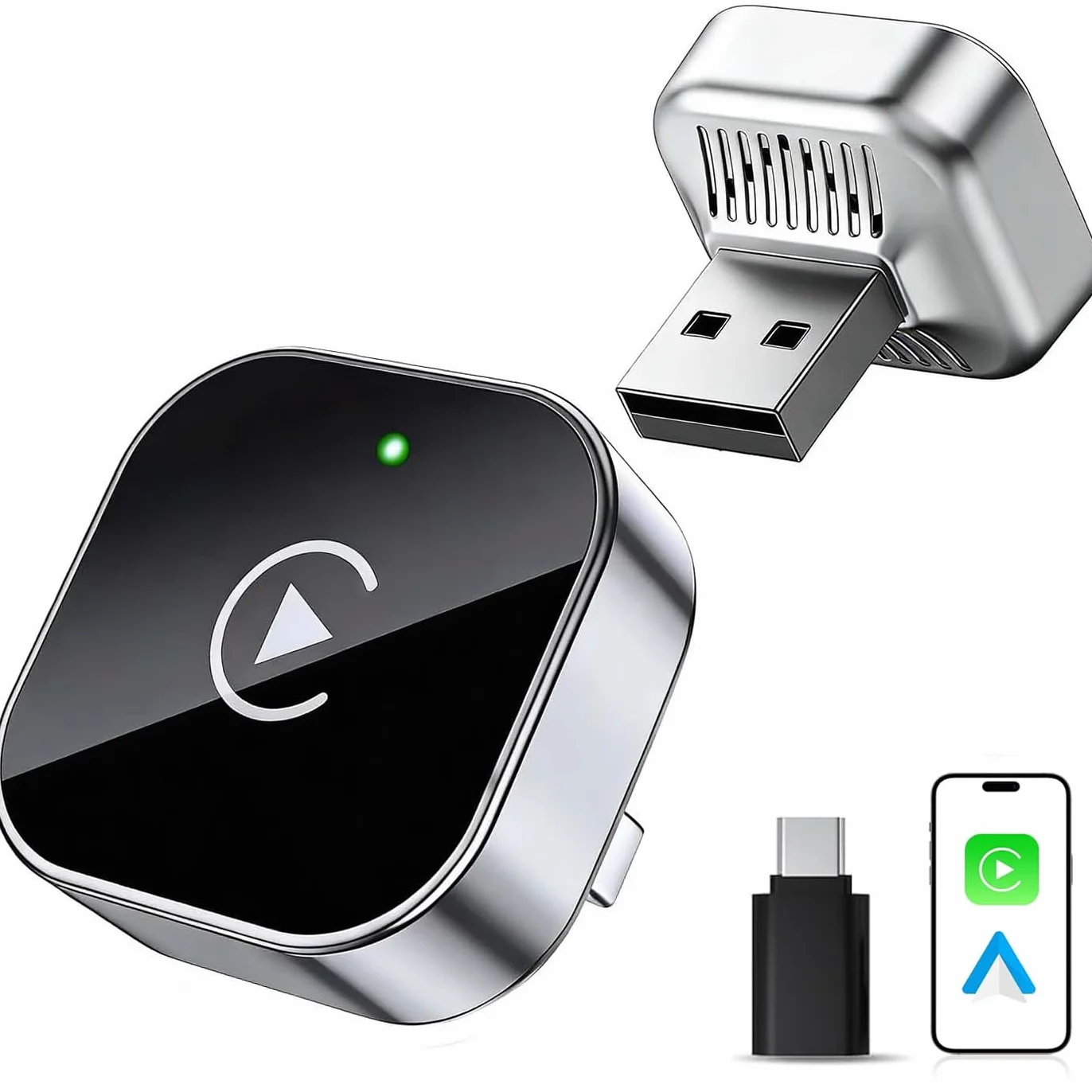 Adattatore CarPlay wireless con cavo CarPlay (USB a C), adattatore Mini CarPlay in metallo per iPhone con iOS 10+ e Android 11+, nessun ritardo (nero)