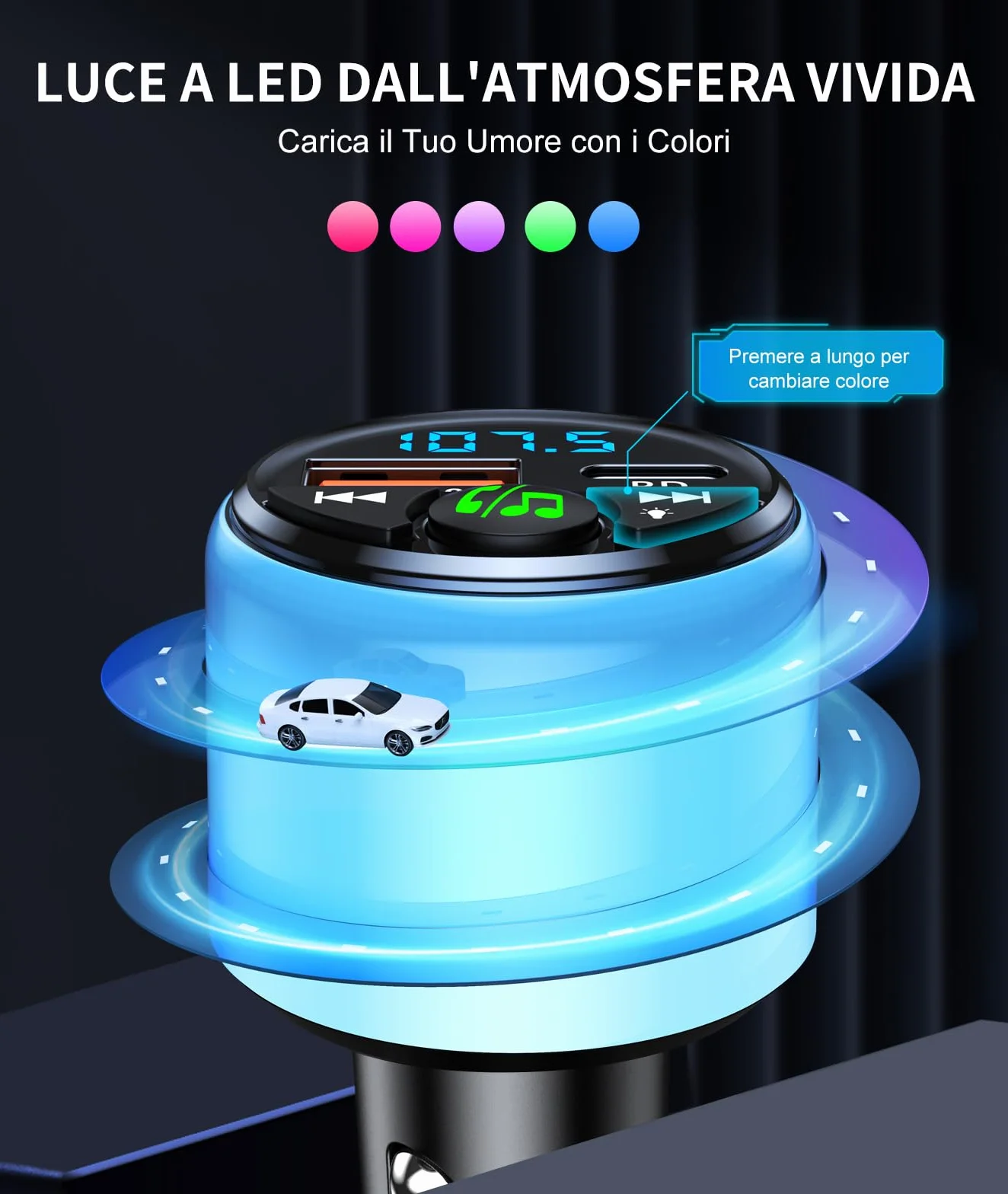 Mohard Trasmettitore FM Bluetooth 5.3 per Auto, PD 30W & QC3.0 18W Ricarica Veloce Bluetooth Vivavoce Auto con Musica/Hi-Fi/Luce, Caricabatterie per GPS Dispositivo Macchina Accendisigari Adattatore