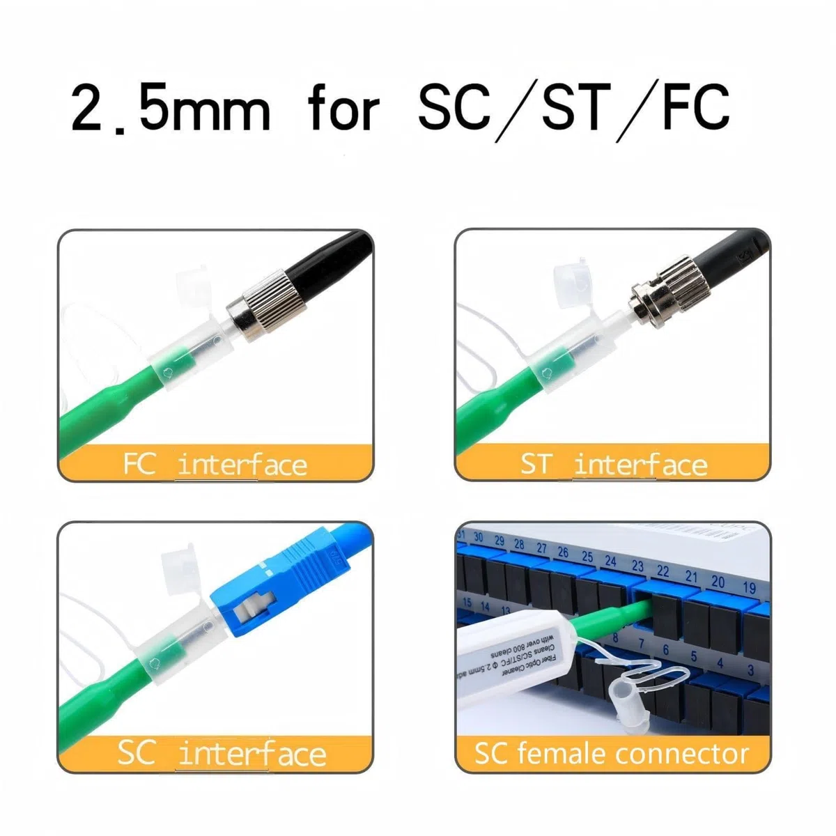 2pcs Penne di pulizia a fibra ottica, enna per pulizia ottica da 2,5 mm per SC/FC/ST, LC/MU 1,25 mm Strumenti per la pulizia della fibra con un clic per Oltre 800 Pulizie Per Ogni Unità