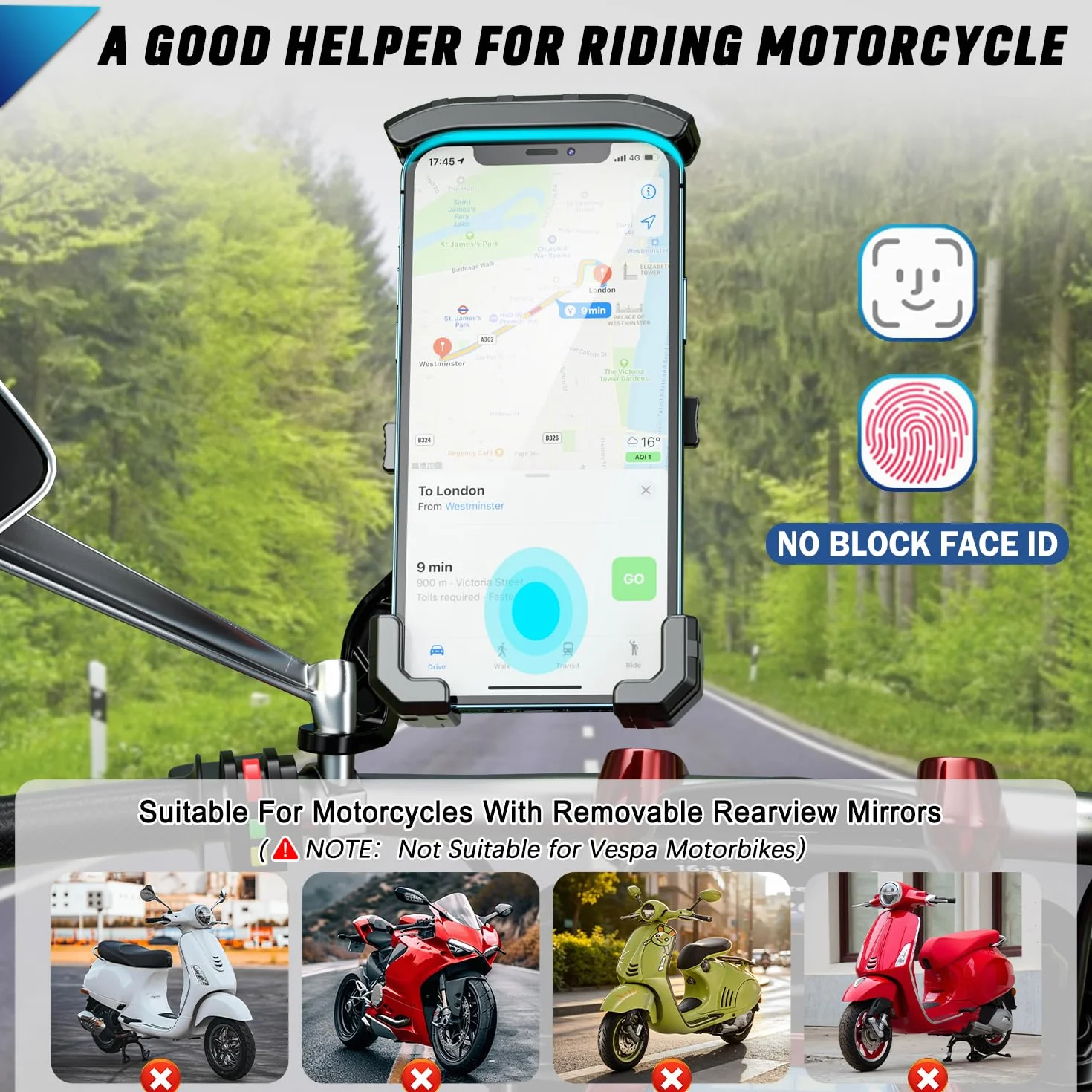 Porta Cellulare Moto, 360 Gradi Rotabile Porta Telefono Moto Antivibrazione Supporto Cellulare Scooter Specchietto Anti-shake Supporto Smartphone Scooter per Telefono da 4.0-7.0 Pollici (Nero)